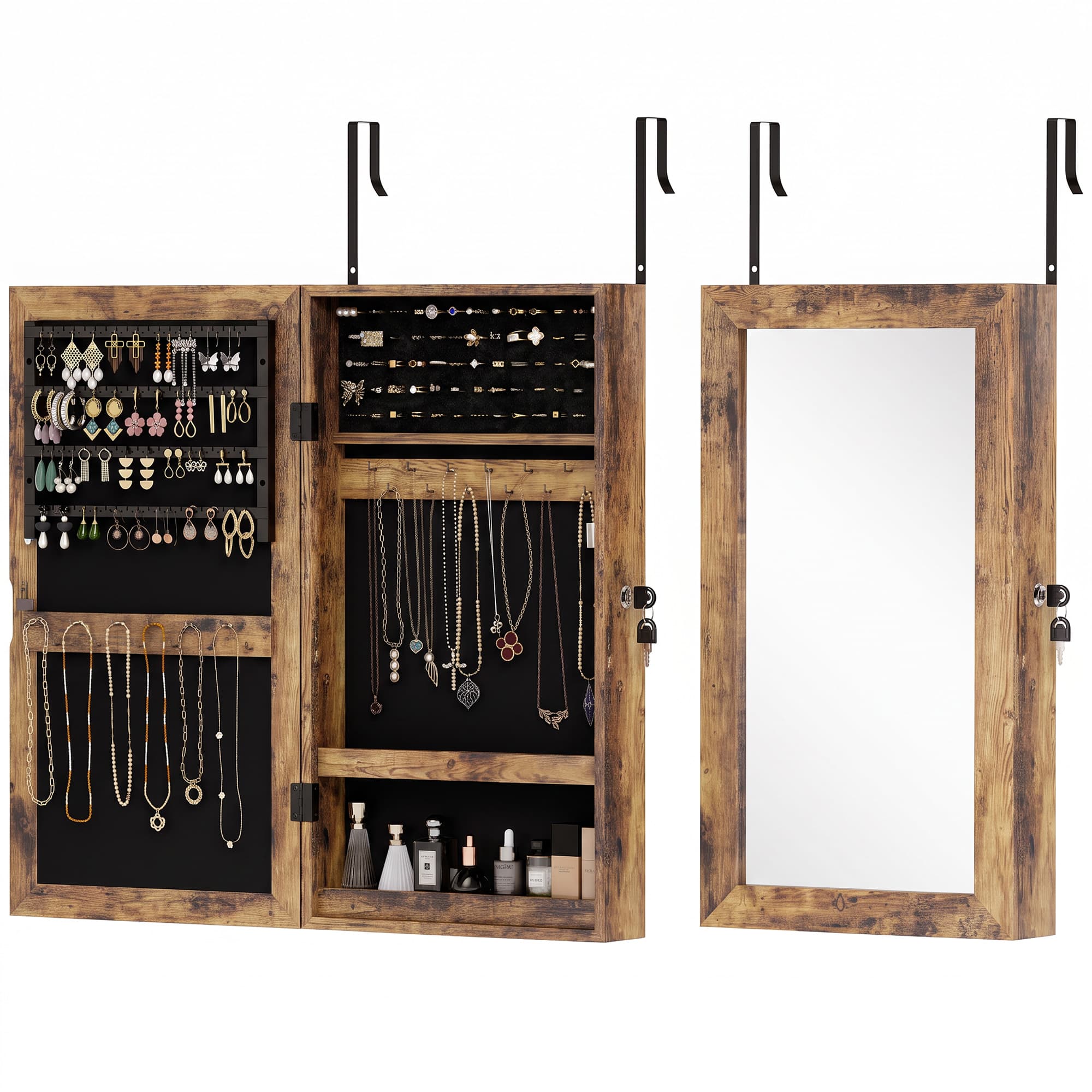 HOMCOM Miroir-coffre mural avec serrure et plusieurs compartiments, à fixer au mur ou sur la porte, Marron Rustique avec doublure noire