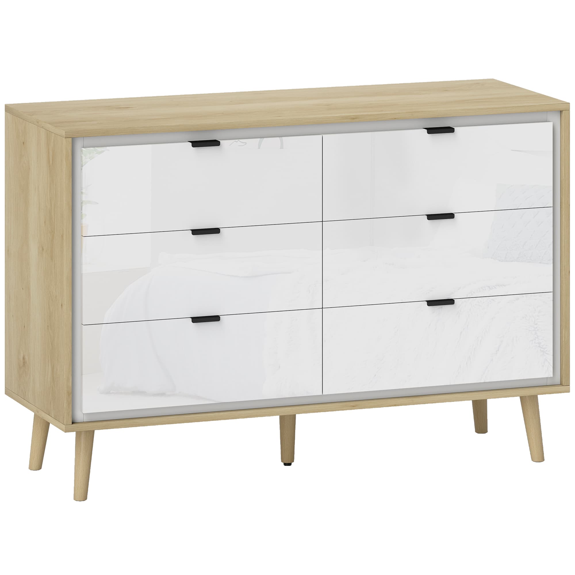 HOMCOM Commode 6 tiroirs, meuble de rangement à haute brillance, 5 pieds en bois, 110 x 40 x 75 cm, blanc et chêne