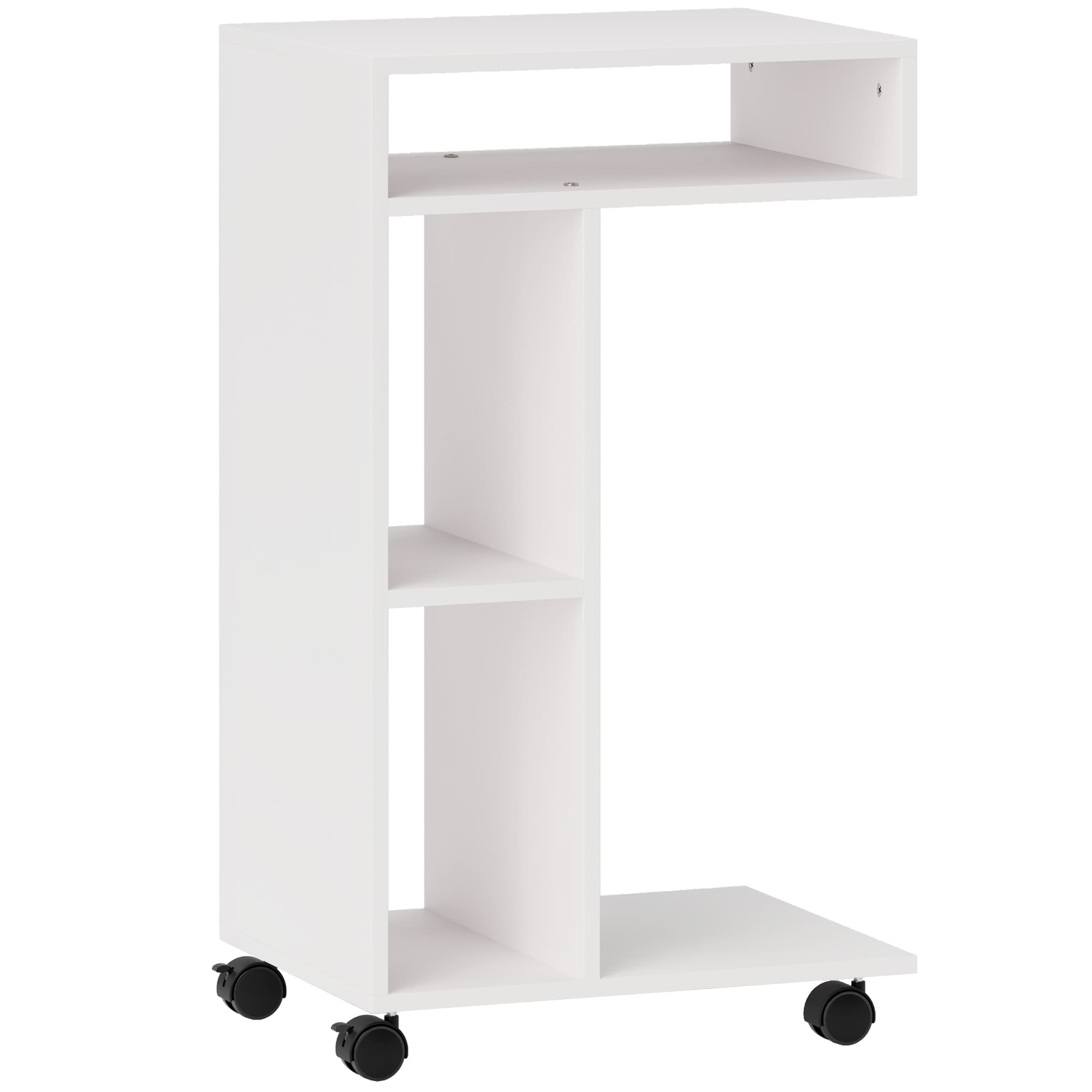 HOMCOM Table d'appoint en forme de C avec roulettes, avec 3 compartiments et 1 étagère ouverte, 40 x 30 x 69 cm, blanc