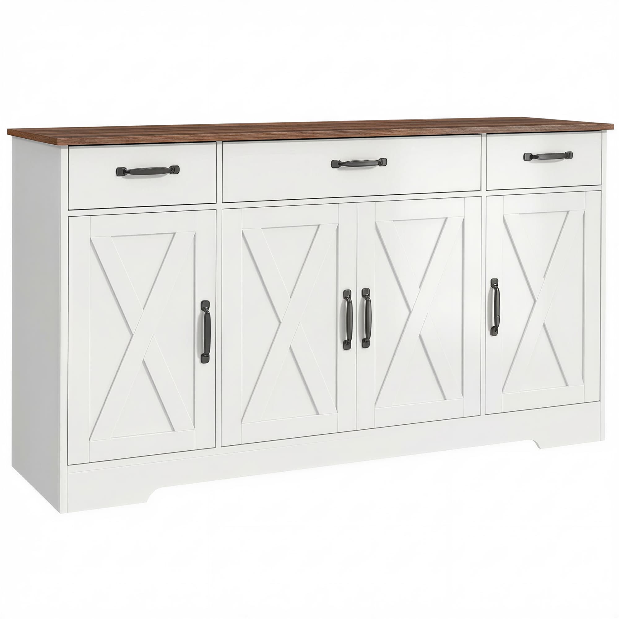 HOMCOM Buffet, meuble de rangement cuisine style ferme avec 4 portes de grange, 3 tiroirs, étagères ajustables, blanc
