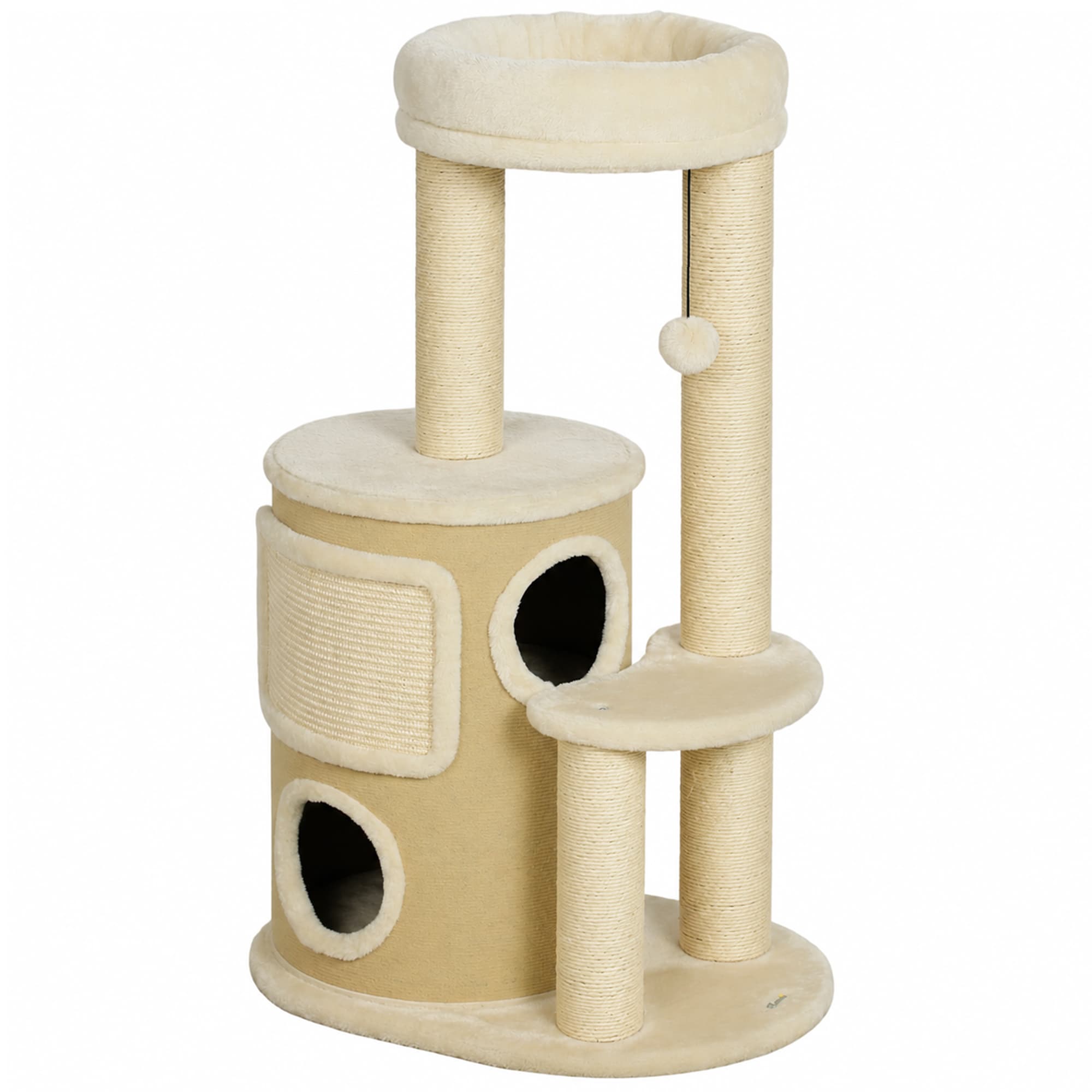 PawHut Arbre à Chat Multi-Niveaux avec Double Niche, Lit, Plateforme, Tapis & Poteaux à Griffer en Sisal, 55x39x90cm, Beige