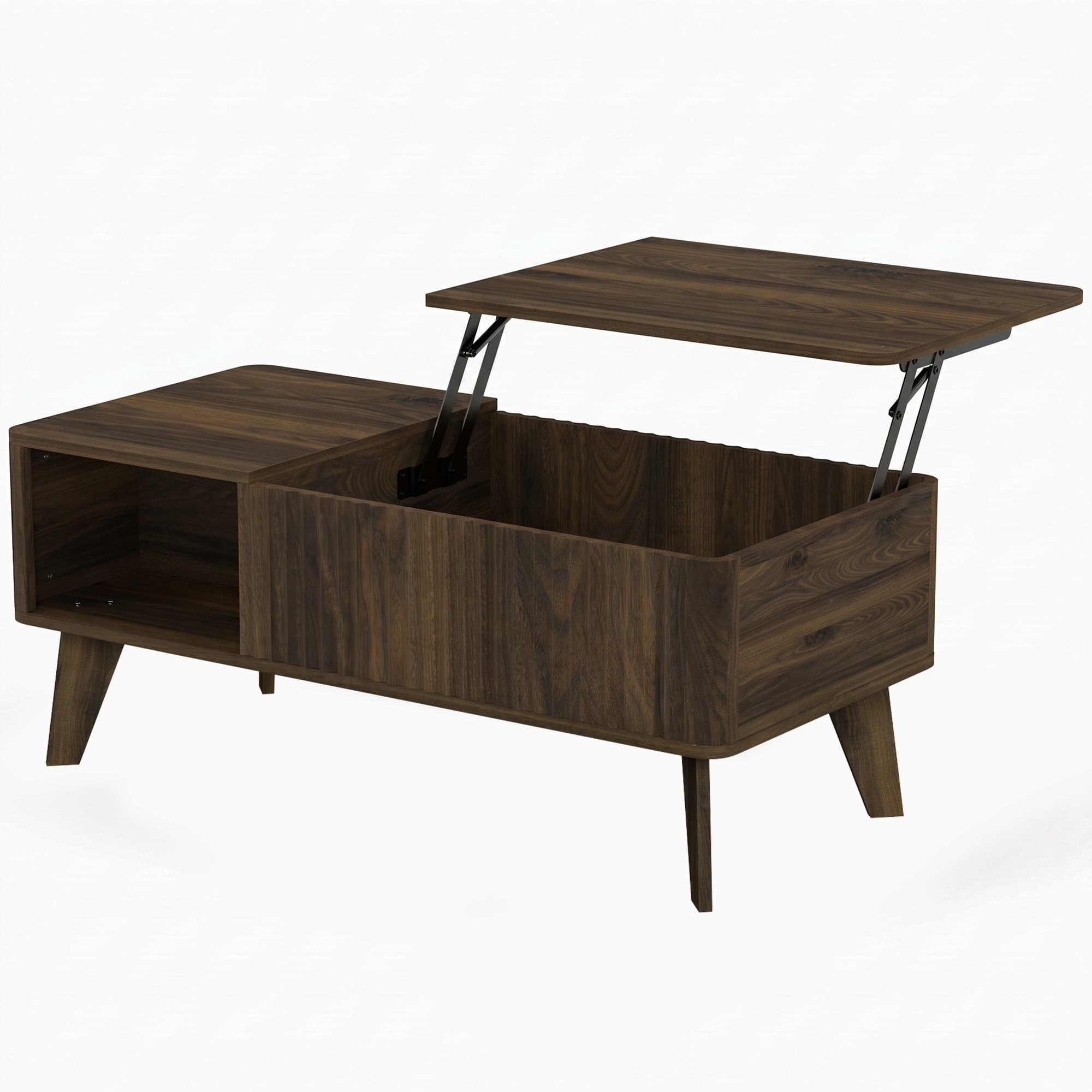 HOMCOM Table basse relevable avec compartiment dissimulé étagères ouvertes façade ondulée 100x48x41-56 cm Noyer