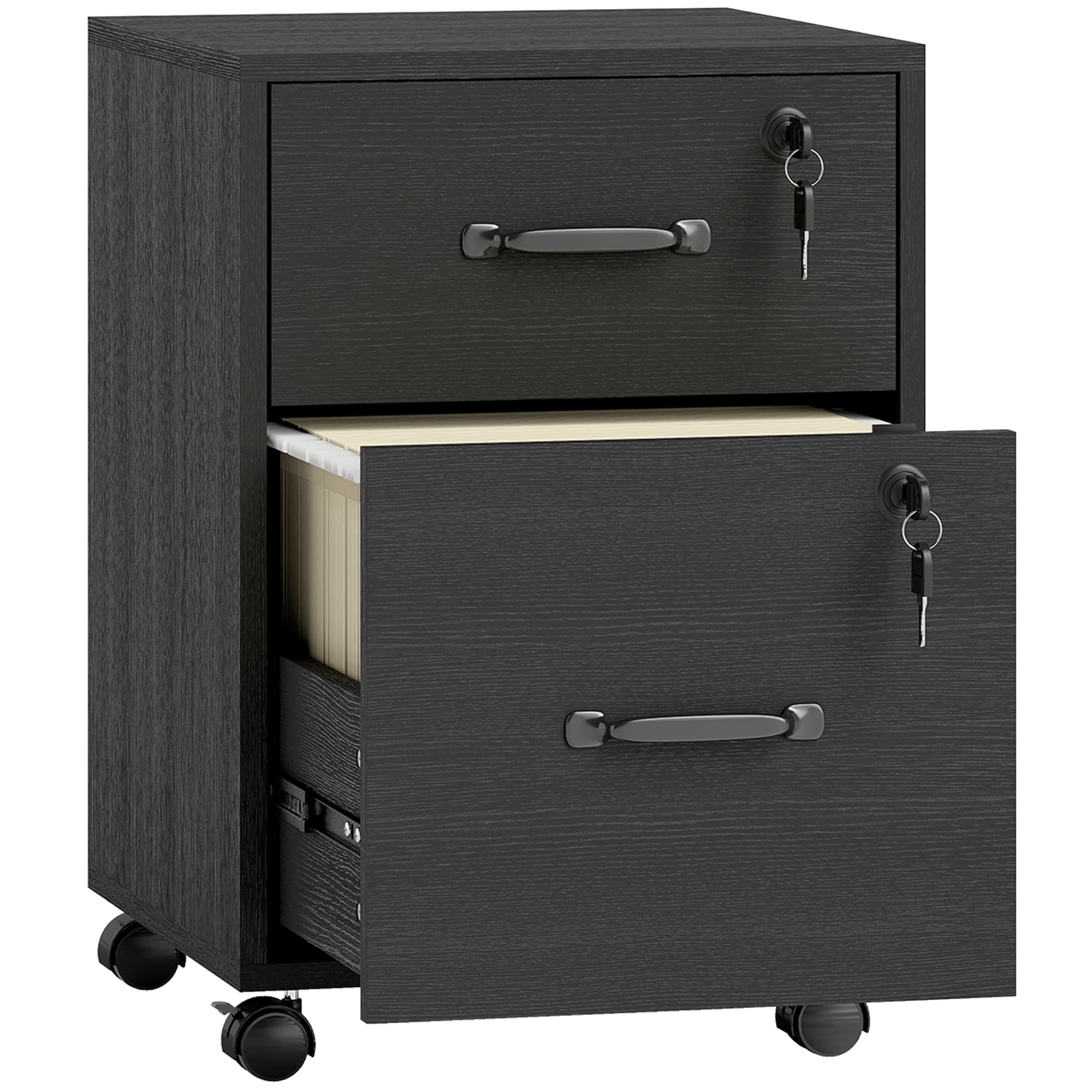 HOMCOM Caisson bureau mobile à 2 tiroirs, meuble rangement bureau sur roulettes pour documents suspendus format lettre, noir