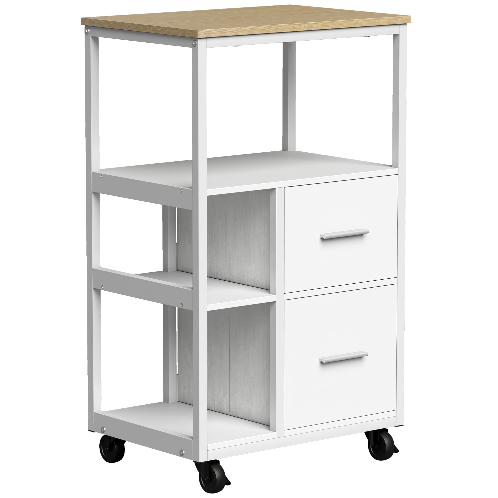 HOMCOM Chariot de cuisine sur roulettes avec 2 tiroirs, compartiment ouvert et 2 roulettes verrouillables, Blanc