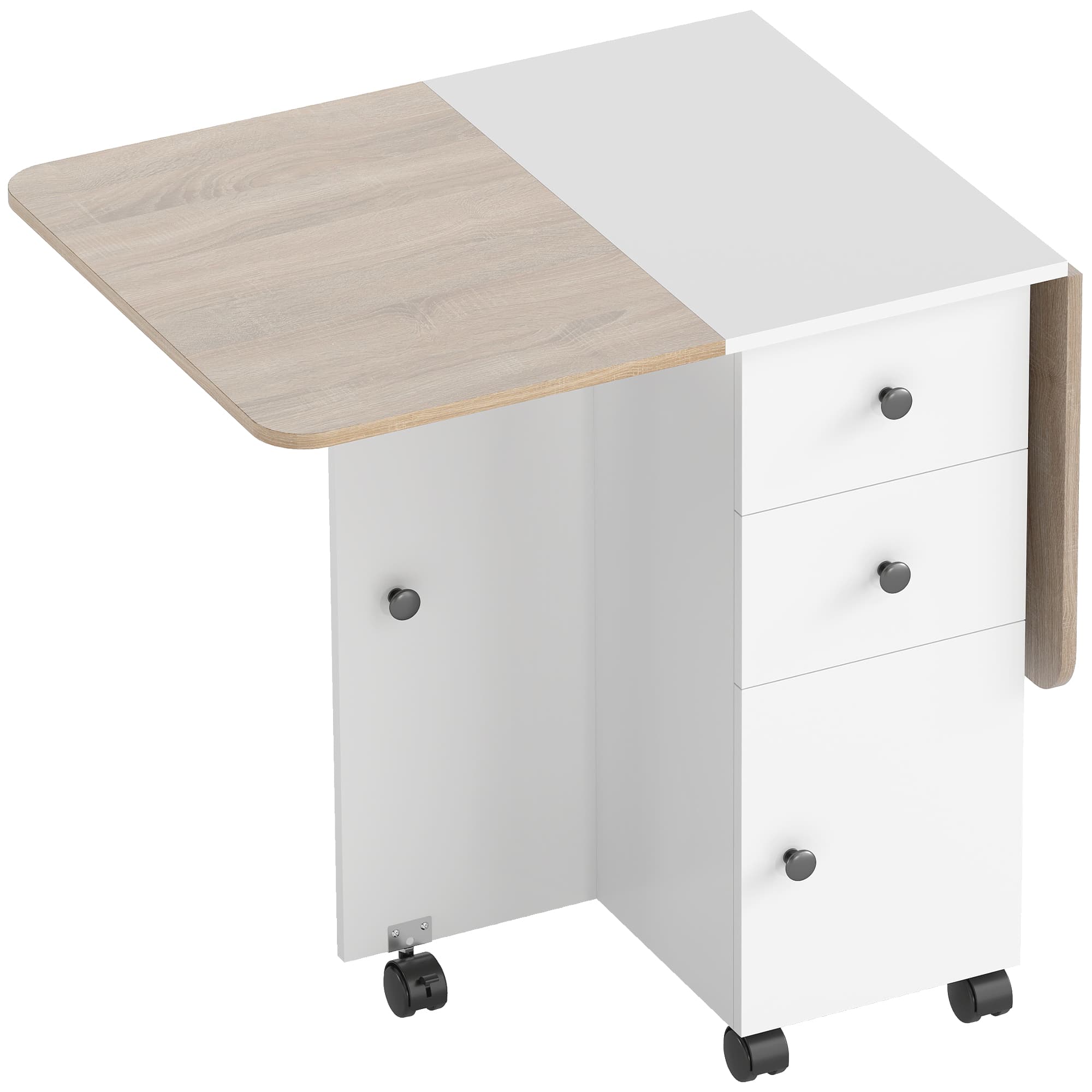 HOMCOM Table de cuisine pliable table à manger pliante 2 plateaux rabattables avec 2 tiroirs 1 placard blanc et chêne