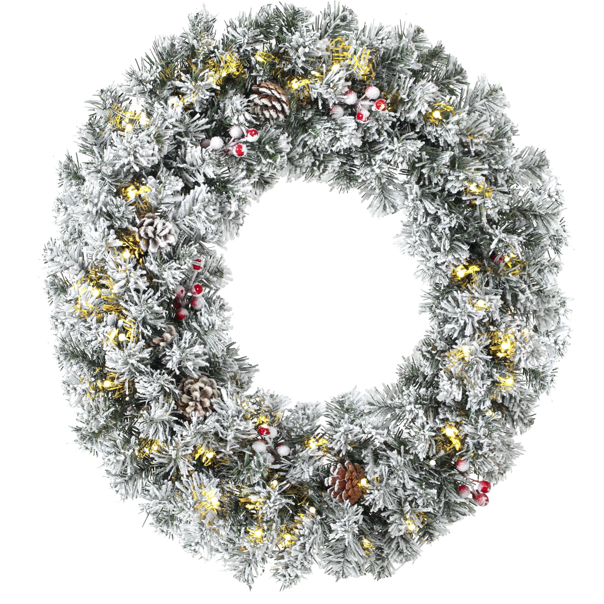 HOMCOM Guirlande de Noël enneigée de 60 cm avec LED, nœud écossais, branches, pommes de pin, baies, Vert