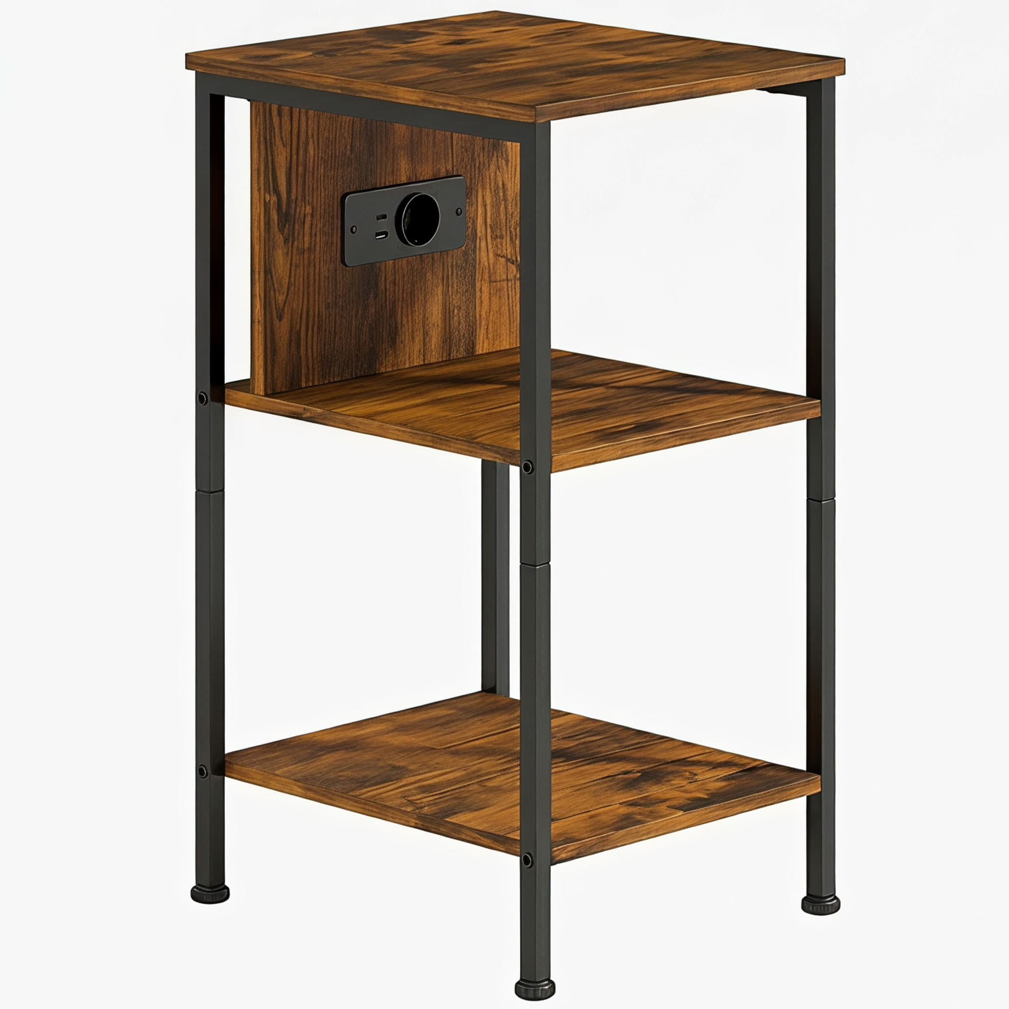HOMCOM Table d'appoint avec station de charge, bout de canapé étroit avec 2 étagères ouvertes, style industriel, brun rustique