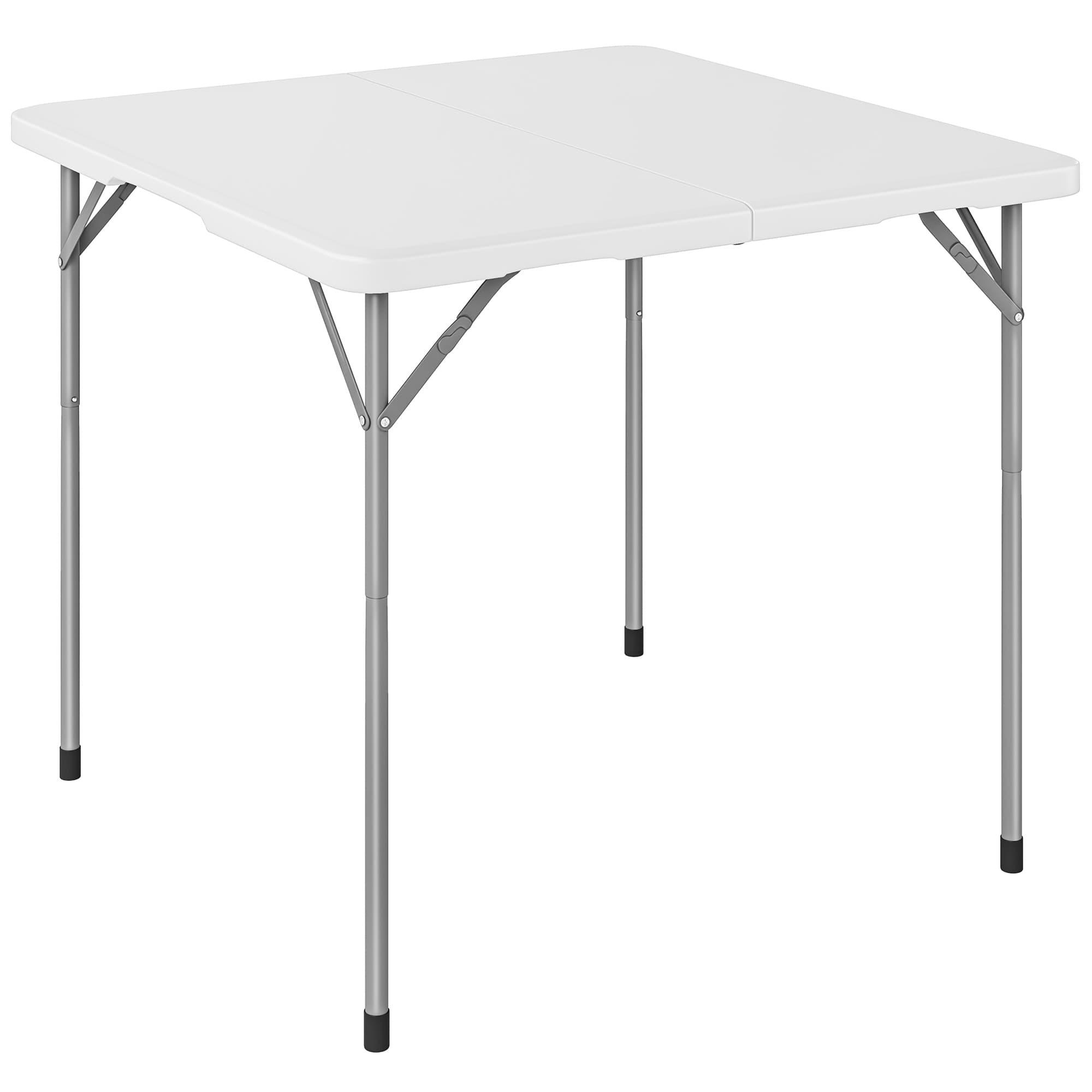 Outsunny Table pliante en HDPE, table de camping pliante carrée 86 x 86 x 74 cm, avec une poignée, hauteur réglable, blanc