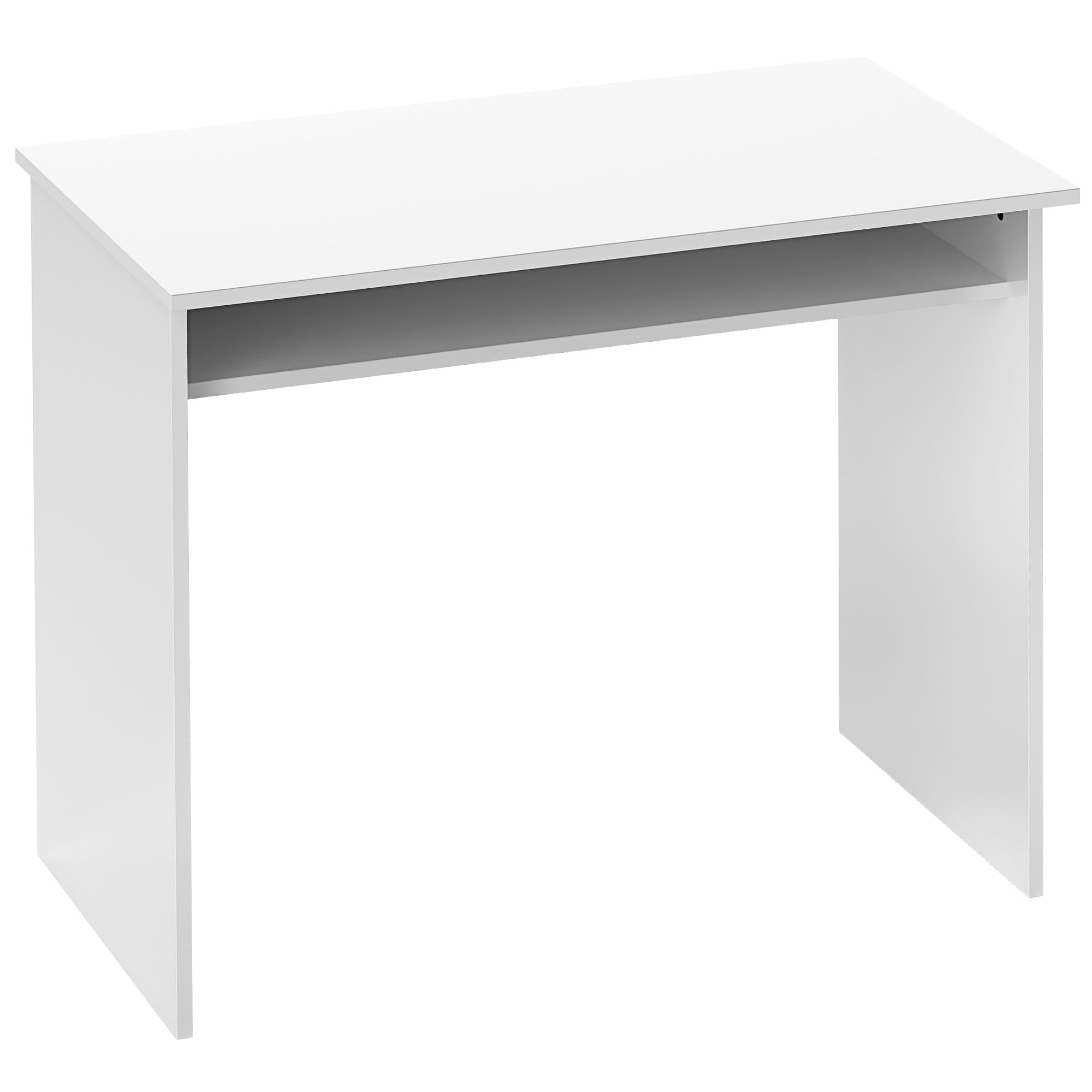 HOMCOM Bureau informatique sobre épuré compact avec 1 étagère, panneaux de particules, dim. 90l x 50P x 74H cm, blanc laqué