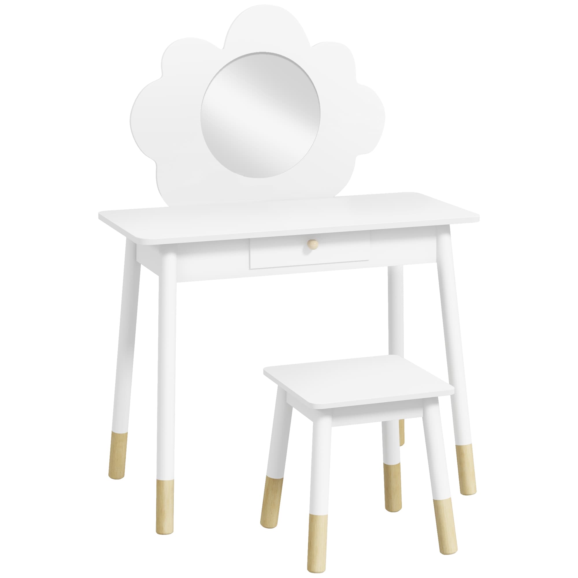 AIYAPLAY Ensemble coiffeuse pour enfant avec tabouret, coiffeuse 2 pièces pour enfants de 3 à 6 ans, miroir forme de nuage, blanc