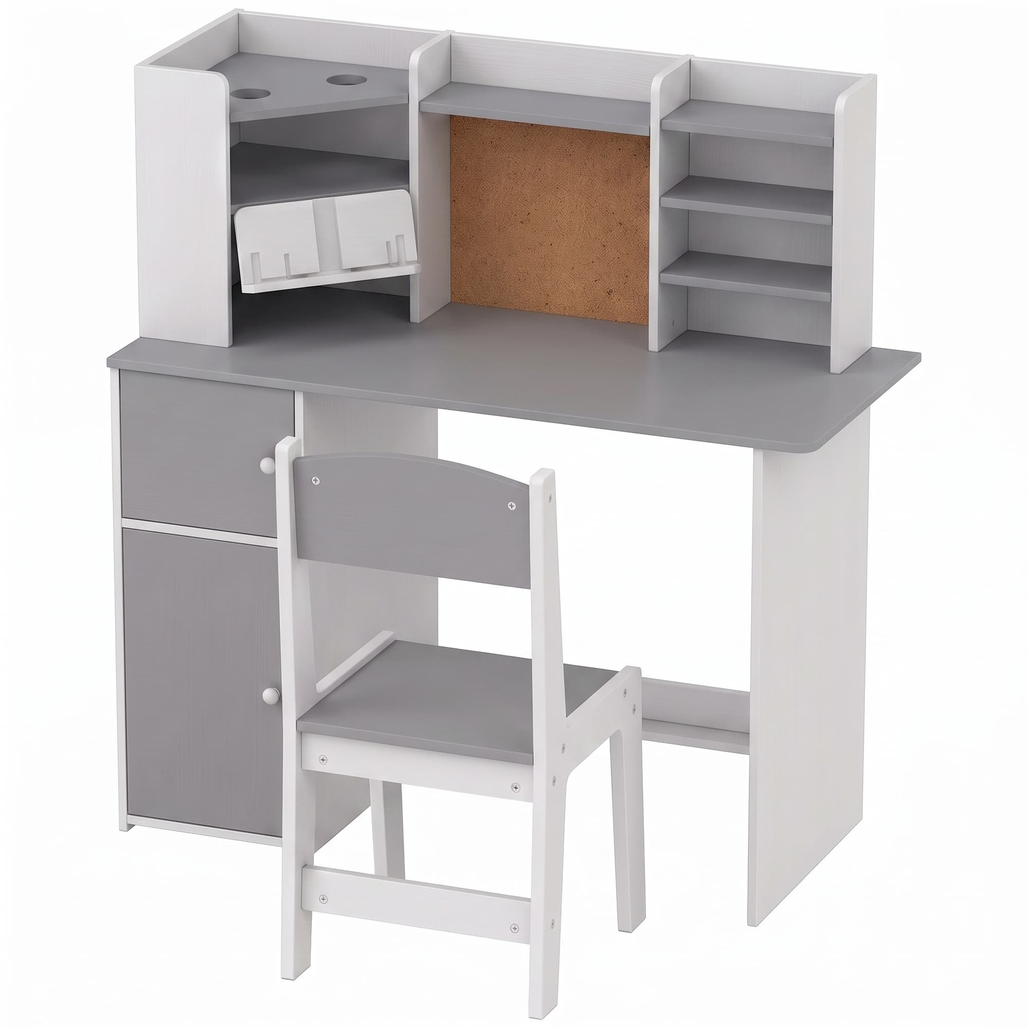 AIYAPLAY Bureau Enfant avec Chaise, Table d'Étude, Support de Tablette Réglable, Porte-Stylos, Panneau en Liège, 5-12 ans, Gris