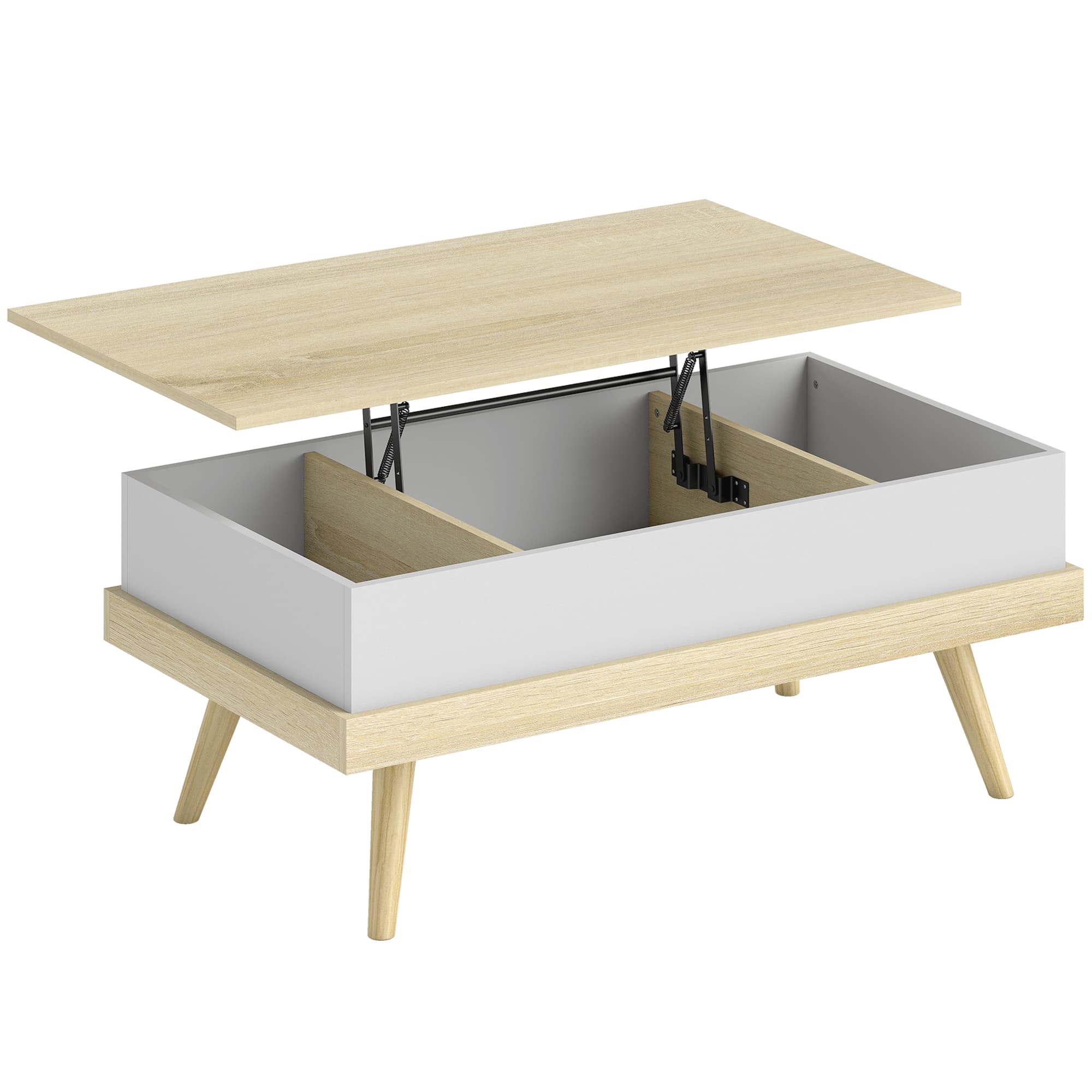 HOMCOM Table Basse Relevable avec 3 Compartiments Cachés, Table de Salon Moderne, Pieds en Bois, 100x79x54cm, Naturel Blanc