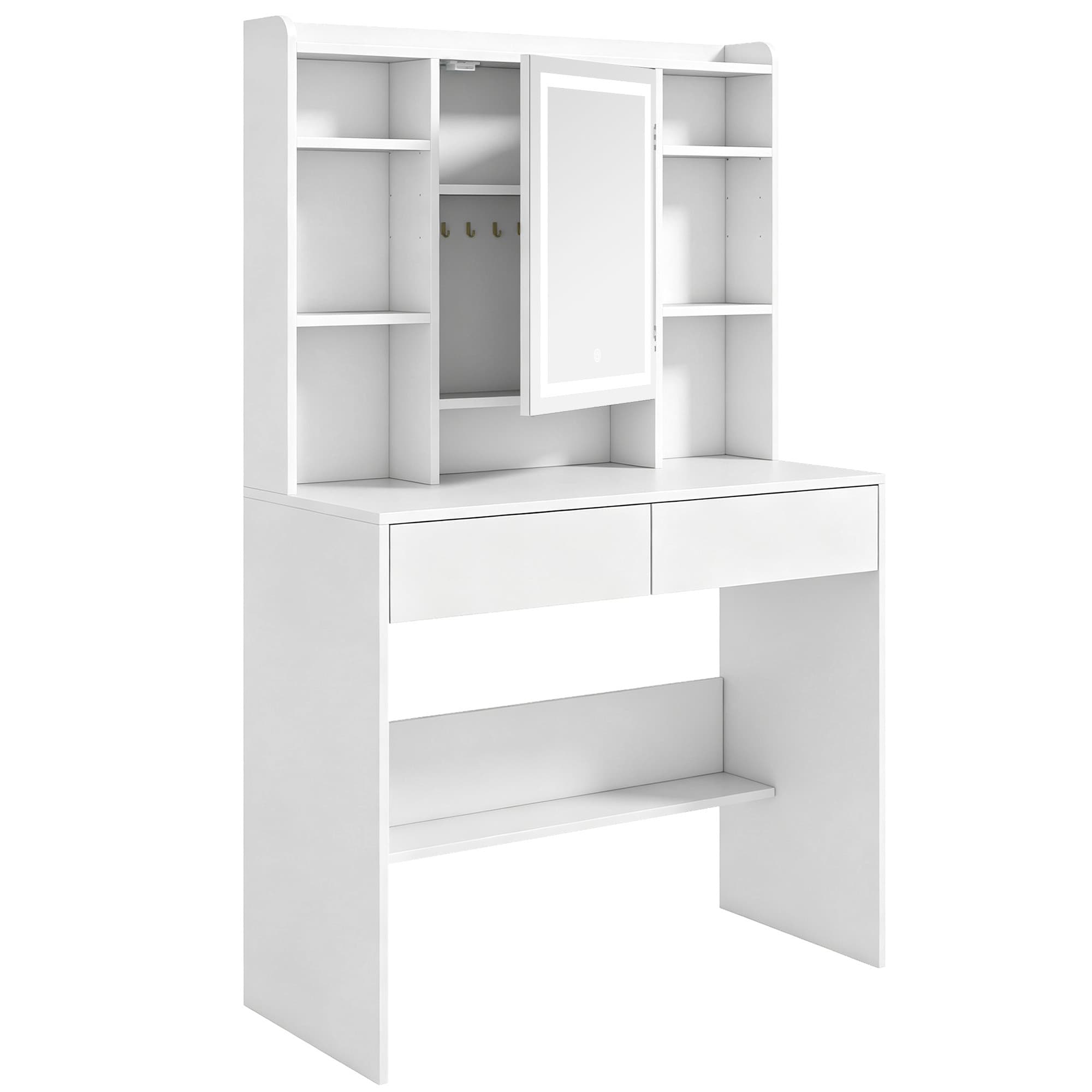 HOMCOM Coiffeuse avec miroir et éclairage LED, table de coiffage avec 2 tiroirs, compartiments ouverts et 8 crochets, Blanc