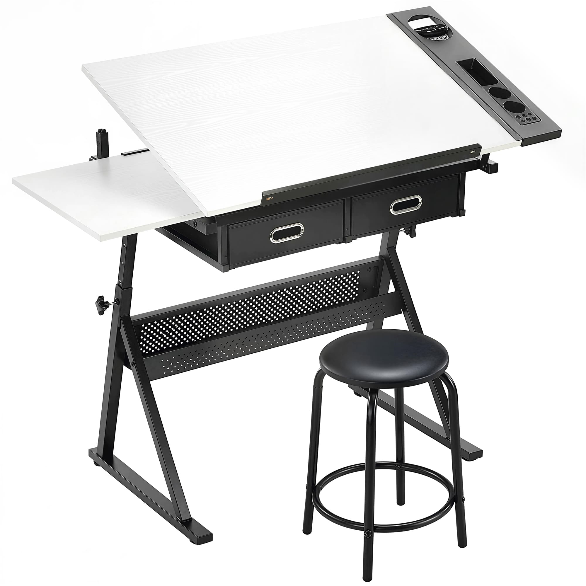 HOMCOM Table à dessin avec tabouret et 2 tiroirs, hauteur réglable, plateau inclinable 0° à 60°, 120 x 60 x 68-92 cm, blanc