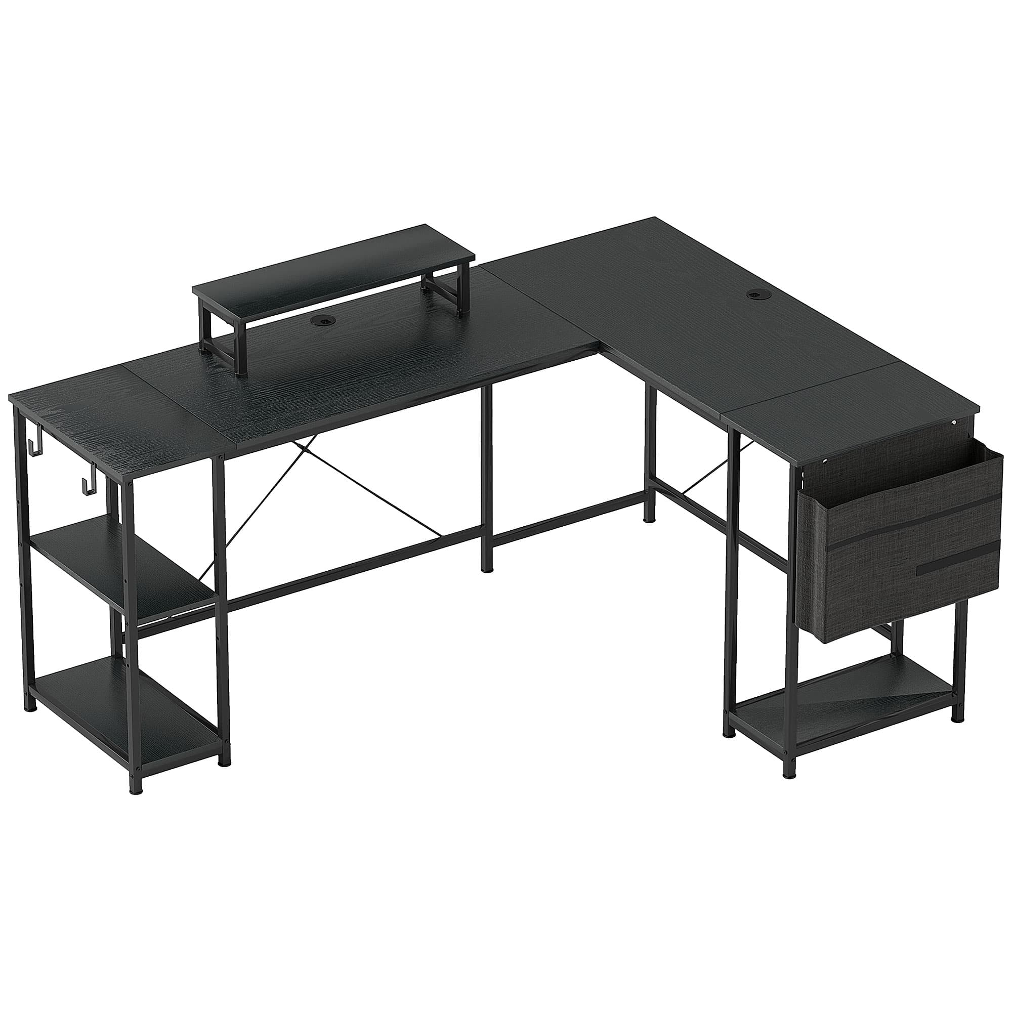 HOMCOM Bureau d'angle modulable réversible 168-240 cm style industriel - étagère réglable, sac de rangement, support d'écran