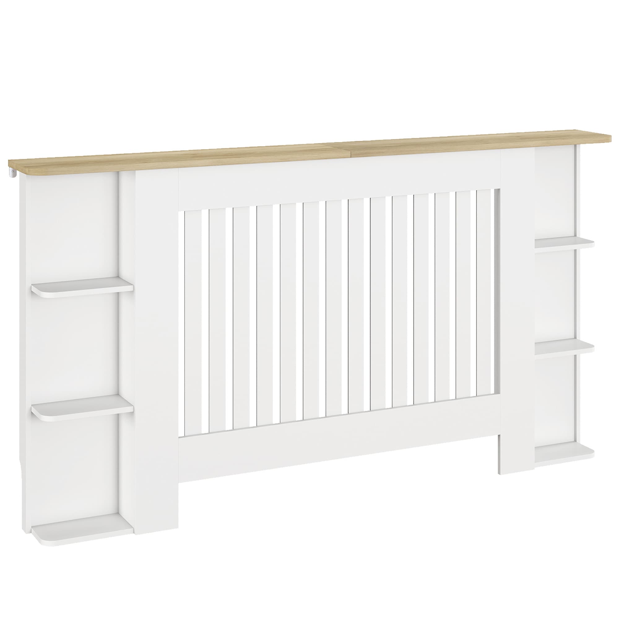 HOMCOM Cache-radiateur avec étagères de rangement ouvertes, couvercle de radiateur en bois à lattes, 152x19x83cm, blanc