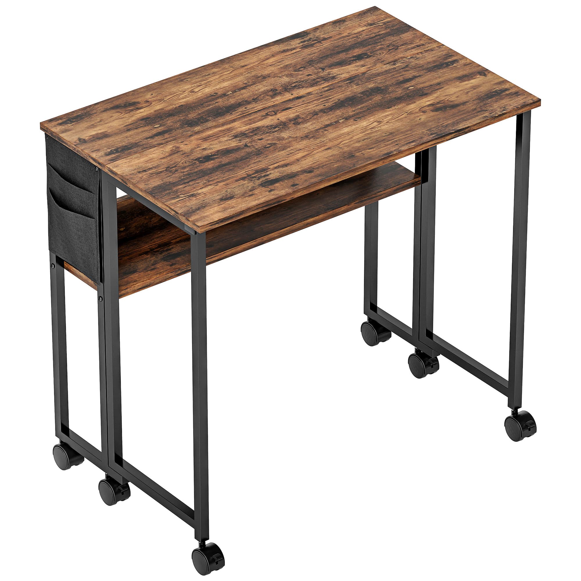 HOMCOM Bureau pliable sur roulettes 80 x 50 cm avec étagère et sac de rangement, brun rustique