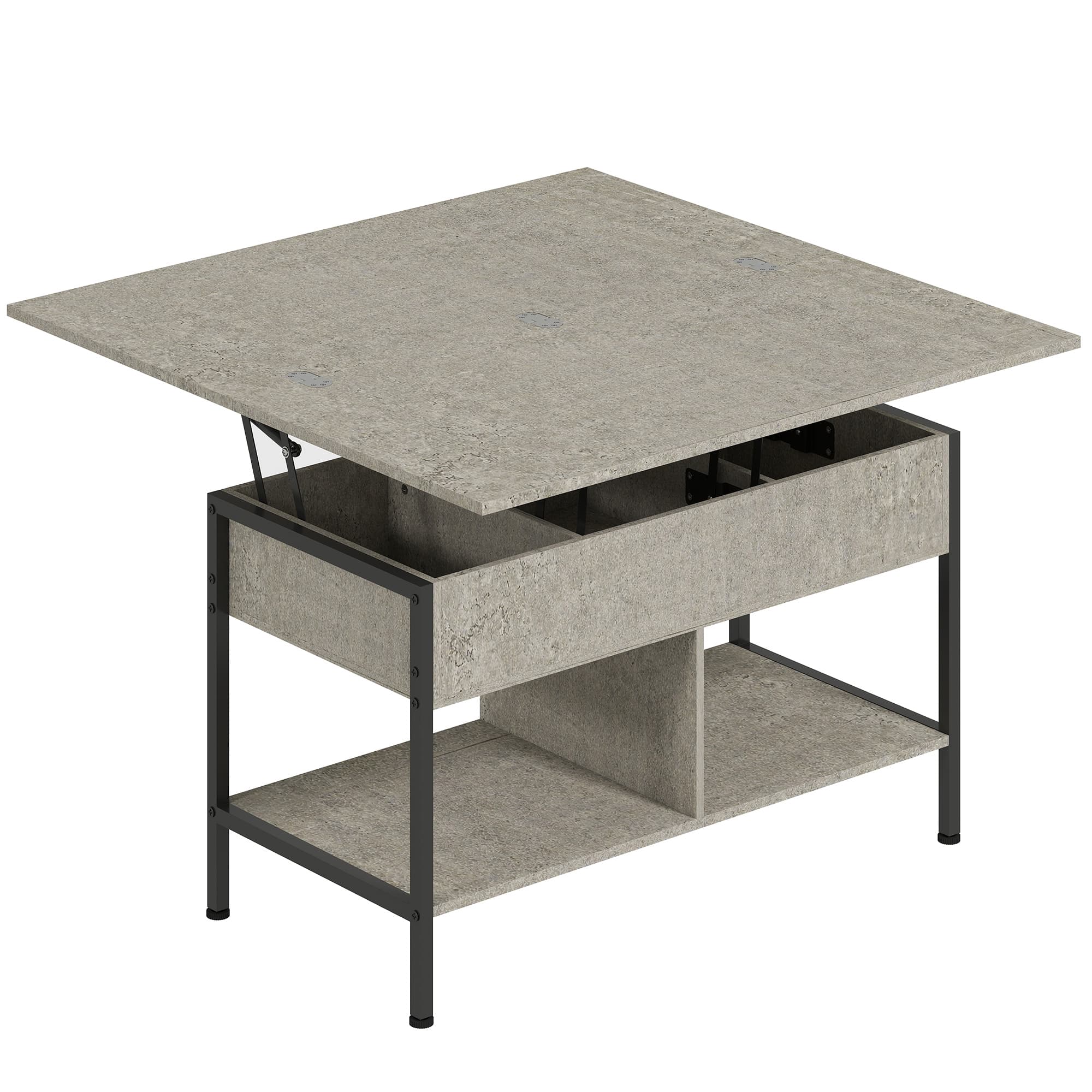 HOMCOM Table basse relevable et extensible, table de salon avec compartiment caché étagères ouvertes, 98x49x55cm, gris