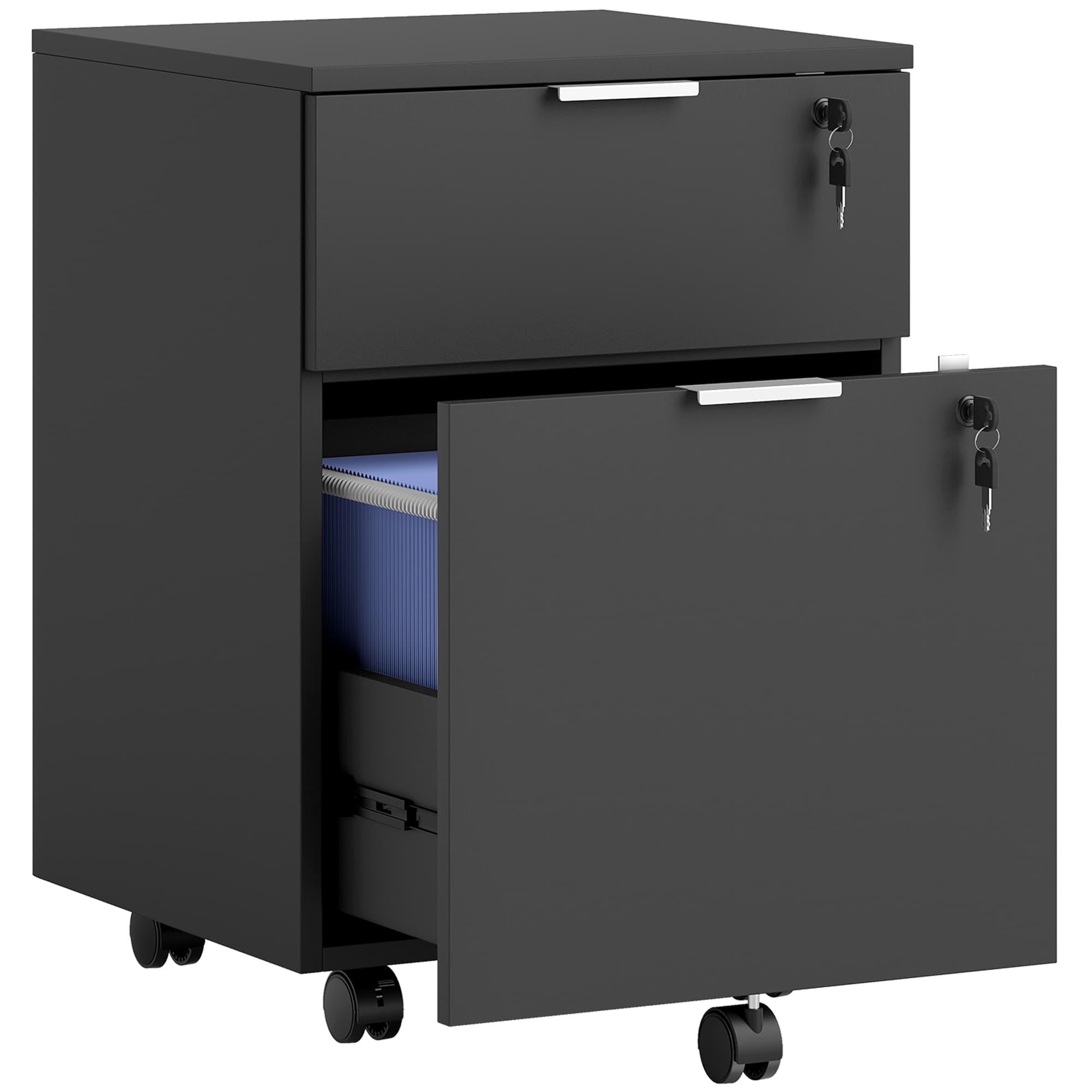 HOMCOM Caisson de bureau, meuble de rangement 2 tiroirs 2 barres pour dossier suspendu, verrouillable avec 2 clés 42x40x60 cm