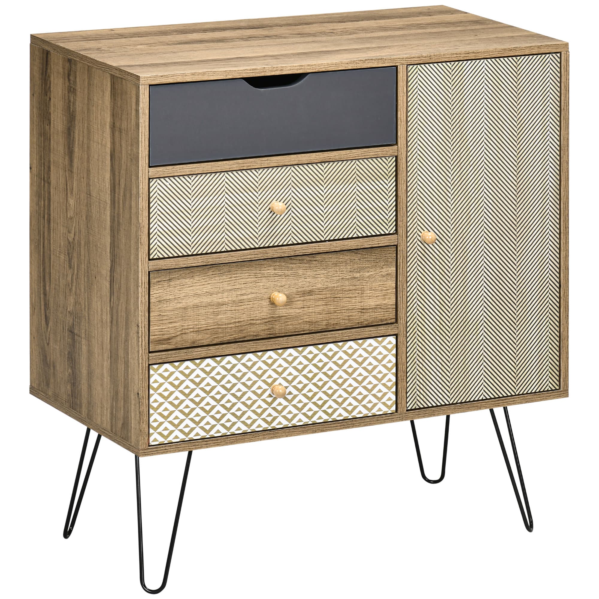 HOMCOM Meuble de rangement commode buffet 4 tiroirs 1 placard - pieds épingles à cheveux style bohème 79 x 39 x 86 cm marron