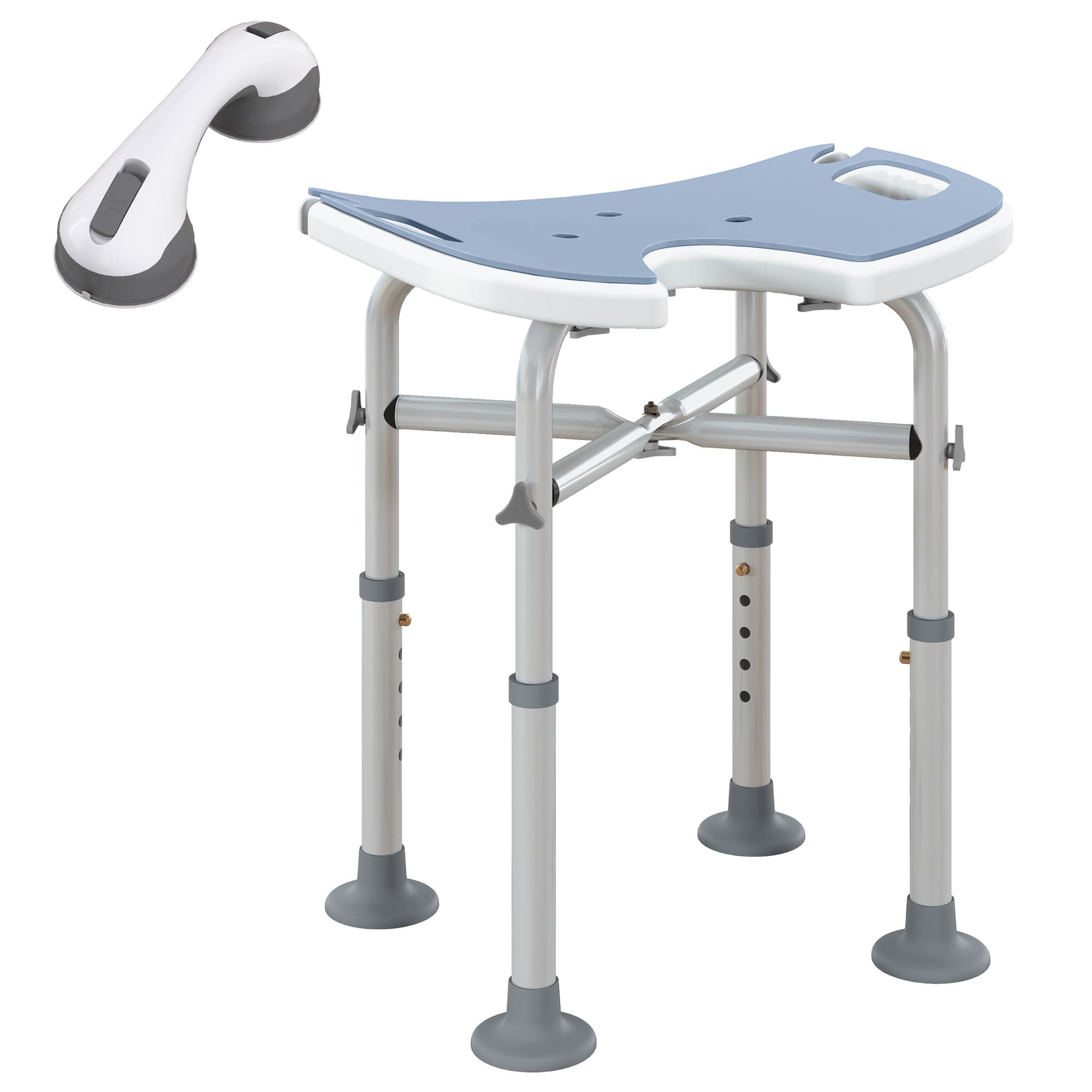 HOMCOM Tabouret de Douche, Hauteur Ajustable 39-51,5 cm, Barre d'Appui à Ventouse, Patins à Ventouse, Bleu Clair
