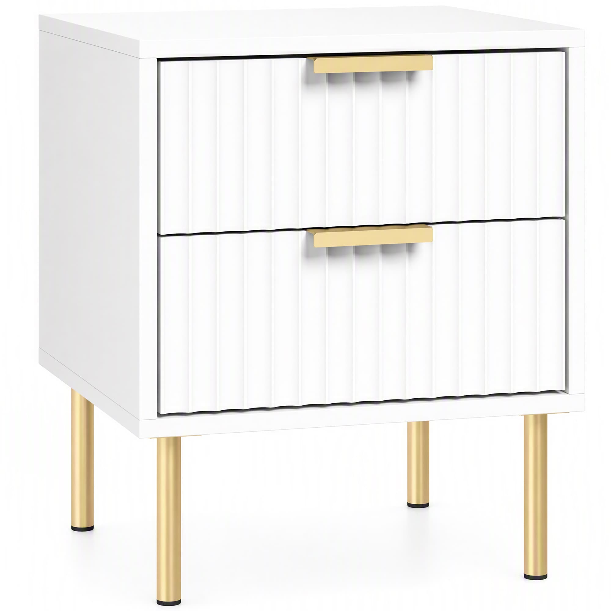 HOMCOM Table de chevet, table de nuit cannelée avec 2 tiroirs et pieds en acier, pour chambre à coucher, salon, blanc