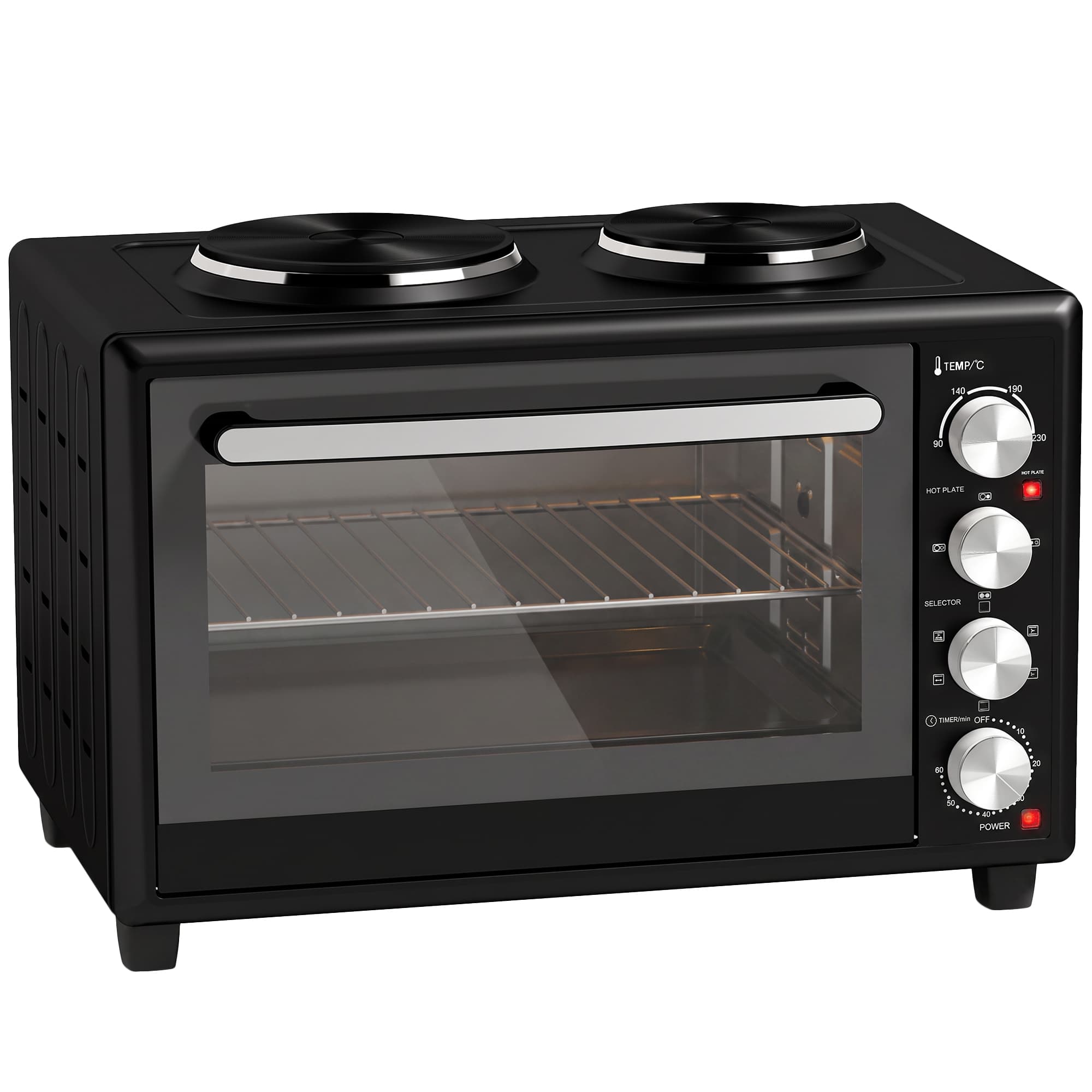 HOMCOM Mini-Four avec 2 Plaques de Cuisson et Broche Rotative 46L 1800 W, Four à Convection Multifonction, Minuterie, Noir