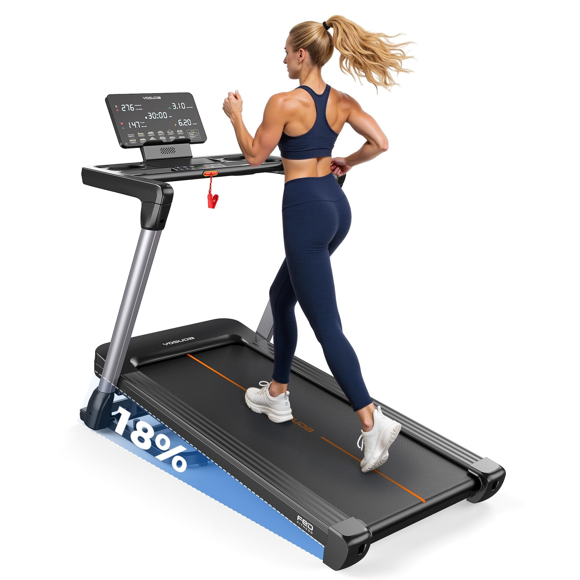 YOSUDA Zusammenklappbares Laufband 1-14km/h 18% Steigung, 172kg, HD-Display, Bluetooth & App
