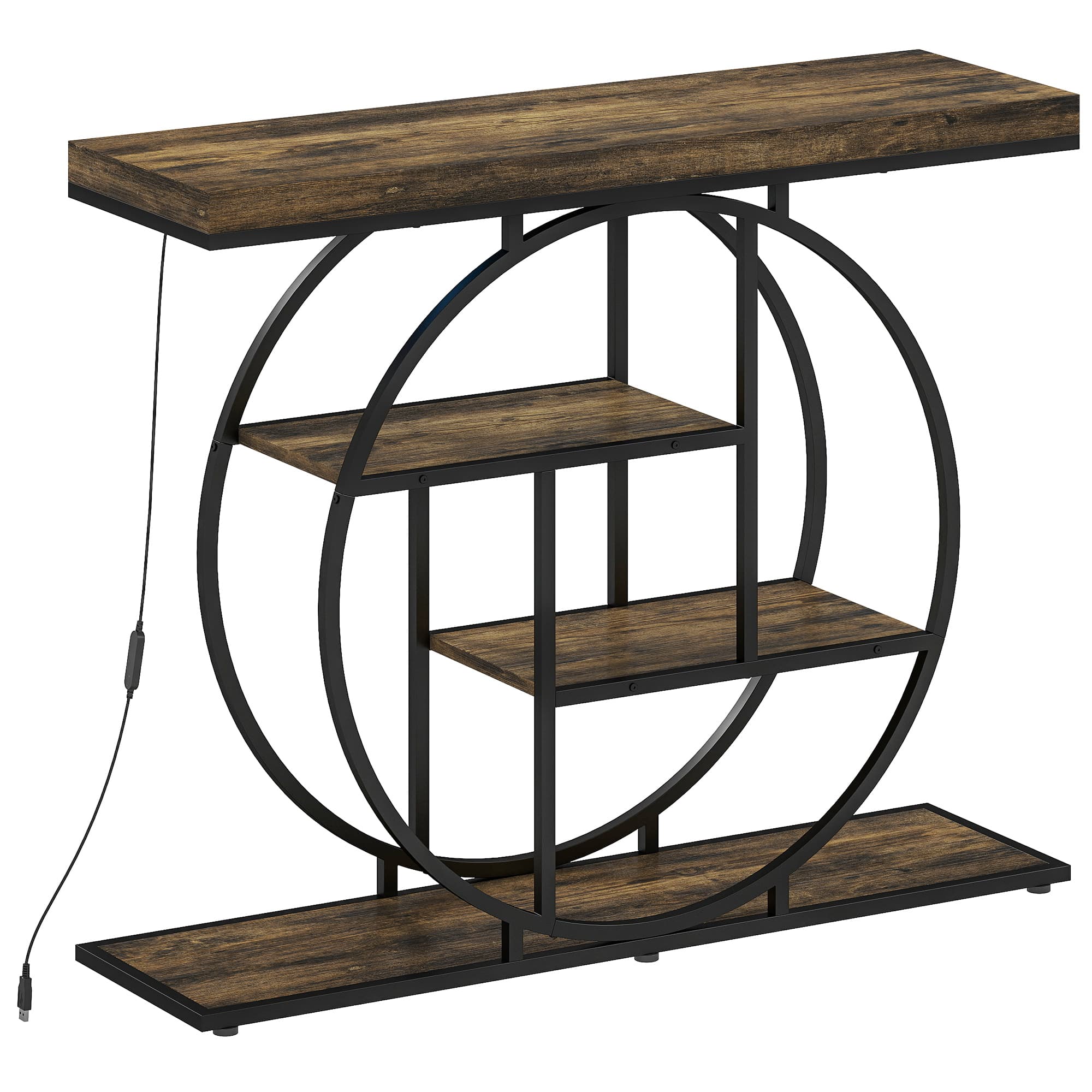HOMCOM Console meuble avec éclairage LED 100 cm, table console à 4 niveaux avec étagères ouvertes, marron rustique et noir