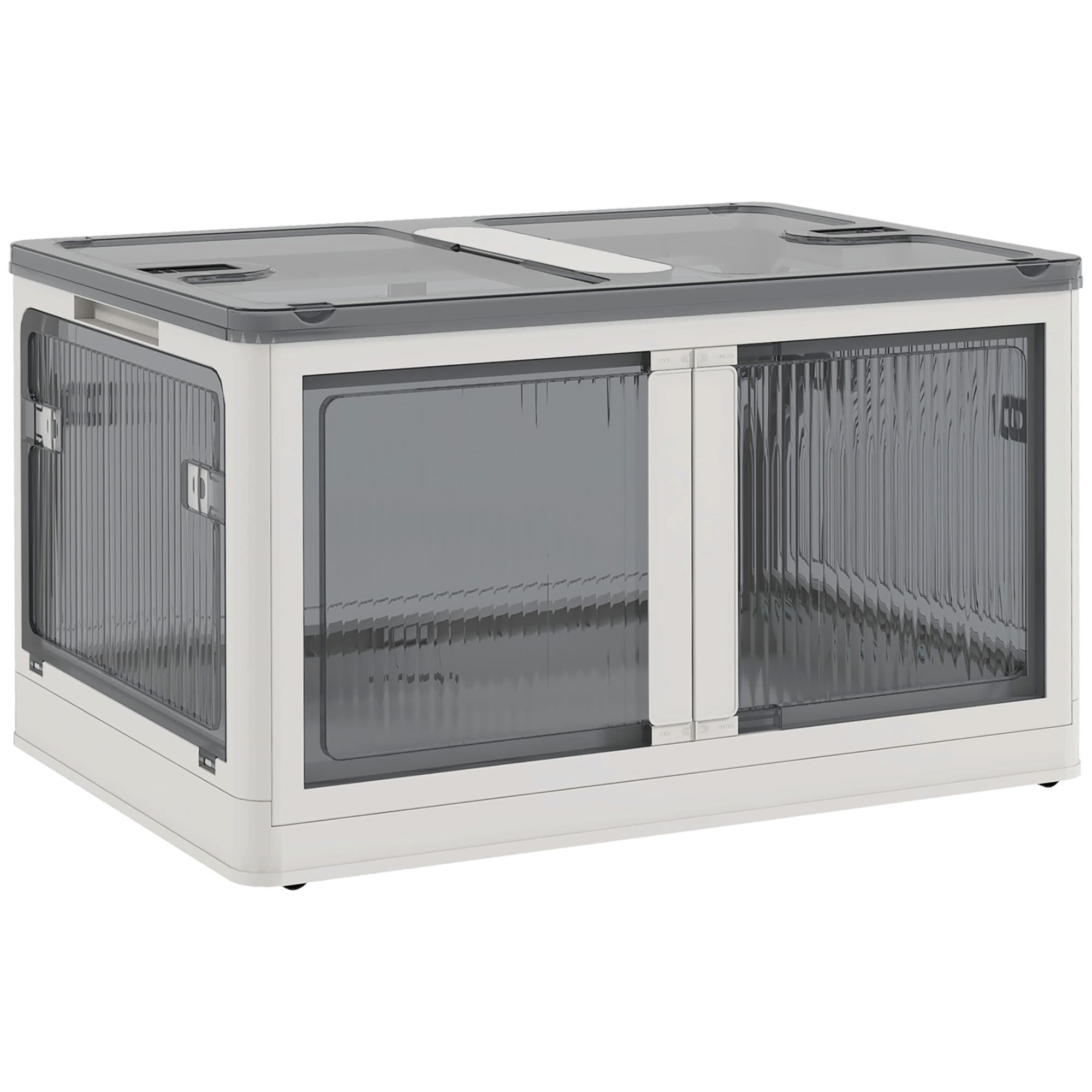 HOMCOM 69L Boîte de rangement pliable et empilable en plastique avec couvercle et 4 roulettes, accès à 5 côtés, blanc
