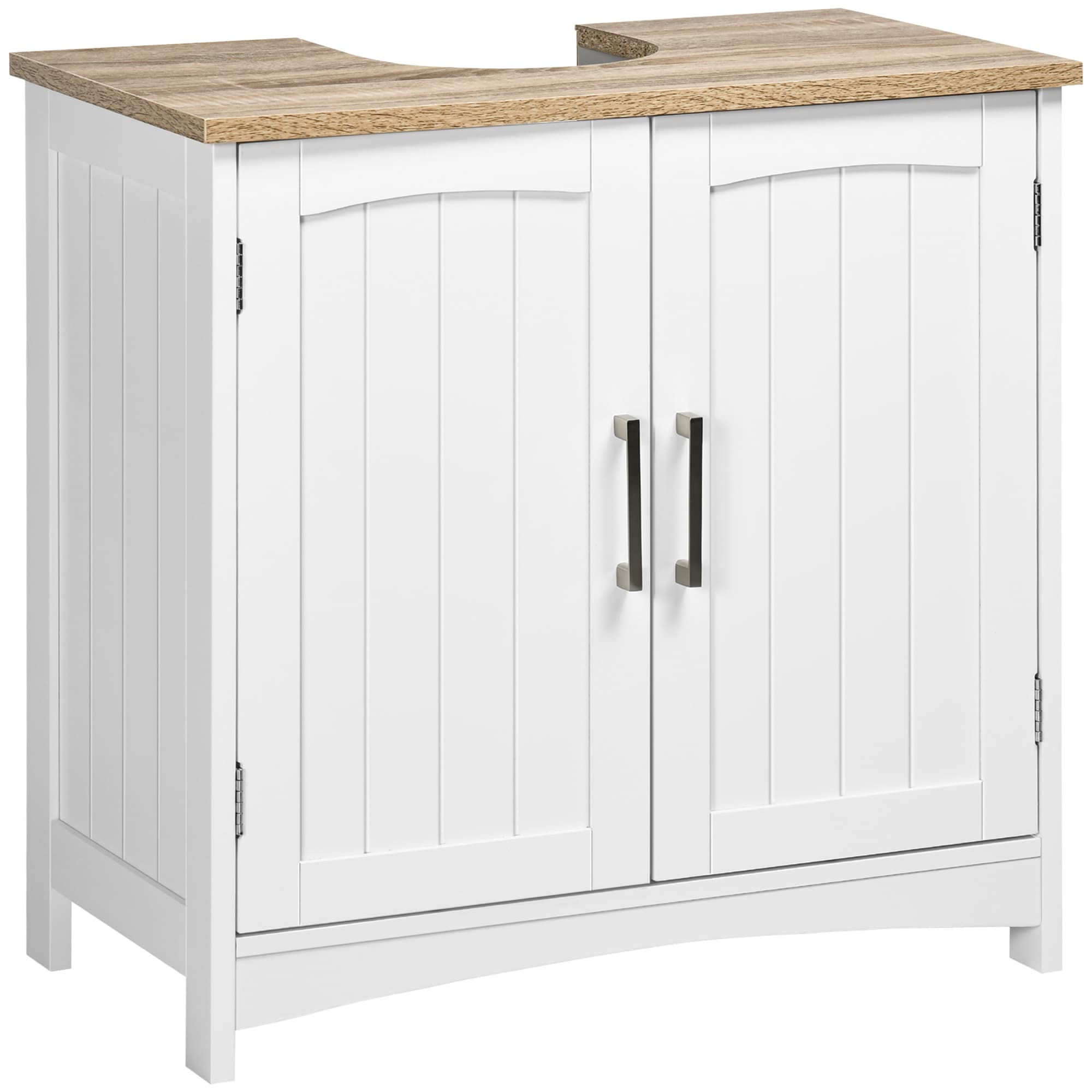 kleankin Meuble salle de bain sous lavabo à double portes avec étagères réglables, blanc et bois naturel