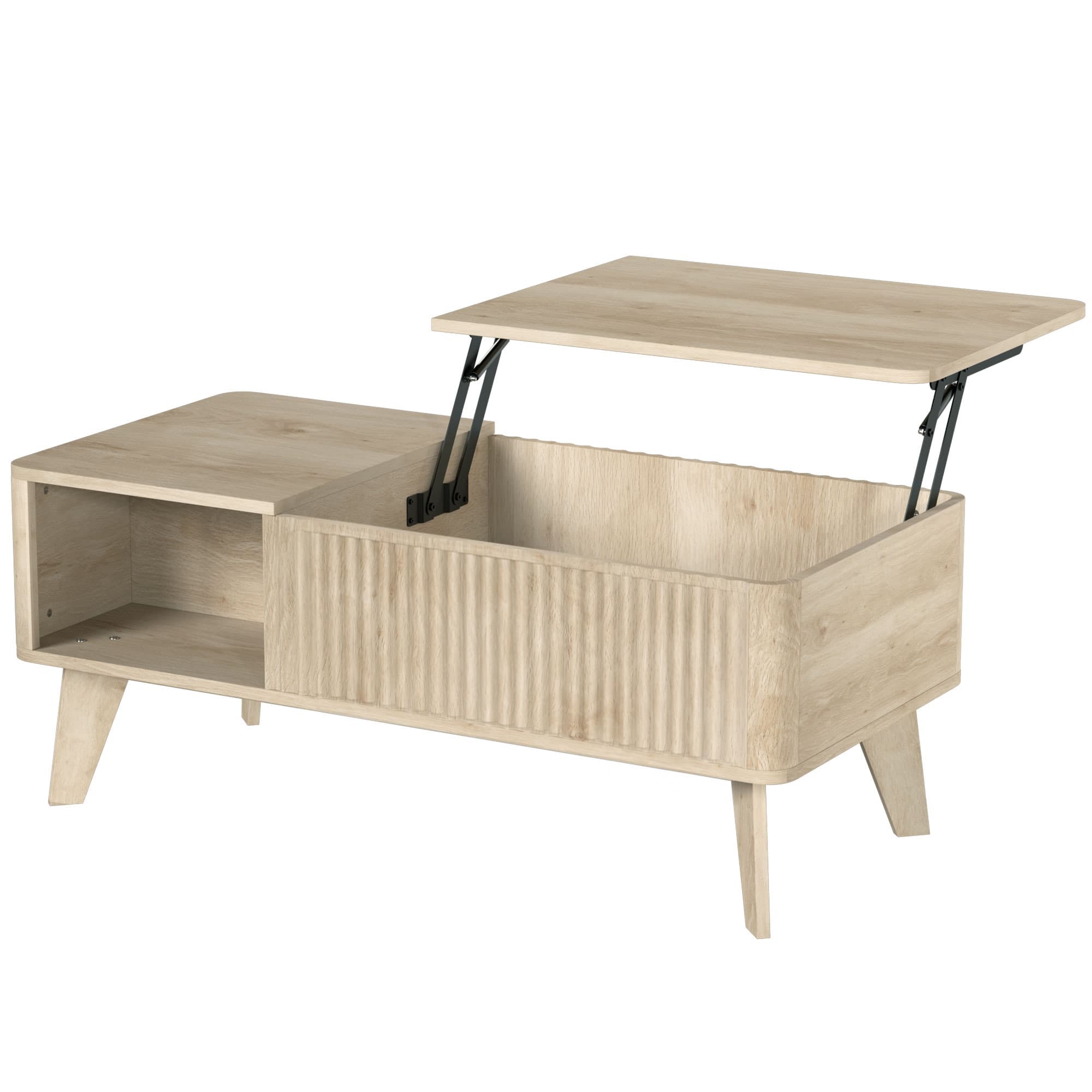 HOMCOM Table Basse Relevable, Compartiment Caché, 2 Étagères Ouvertes, Coins Arrondis, Style Mid-Century, 100x48x41cm, Chêne