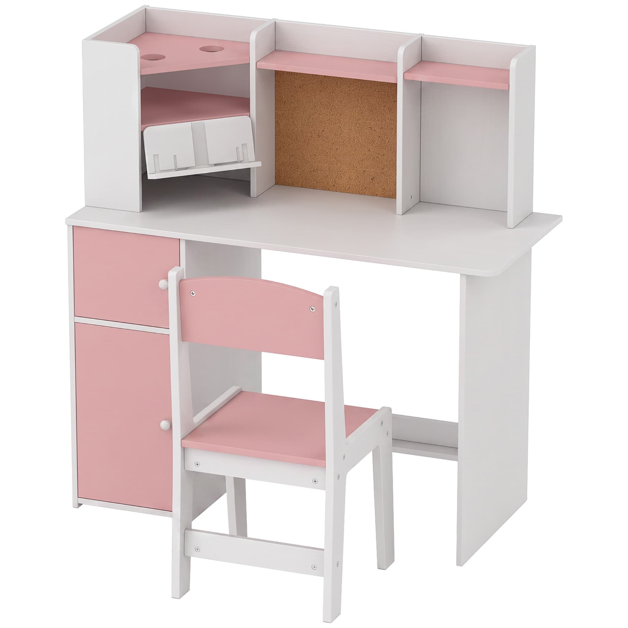 AIYAPLAY Bureau Enfant avec Chaise, Table d'Étude, Support de Tablette Réglable, Porte-Stylos, Panneau en Liège, 5-12 ans, Rose