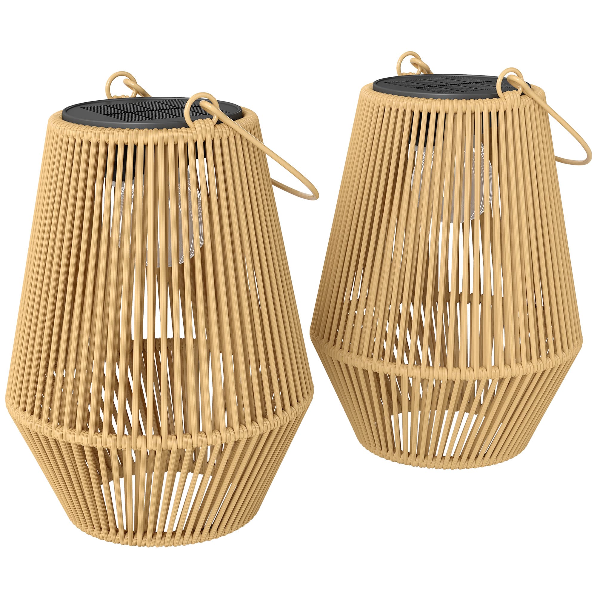 Outsunny Lot de 2 lanternes solaires suspendues extérieur, lampes de jardin en résine tressée avec allumage automatique, marron