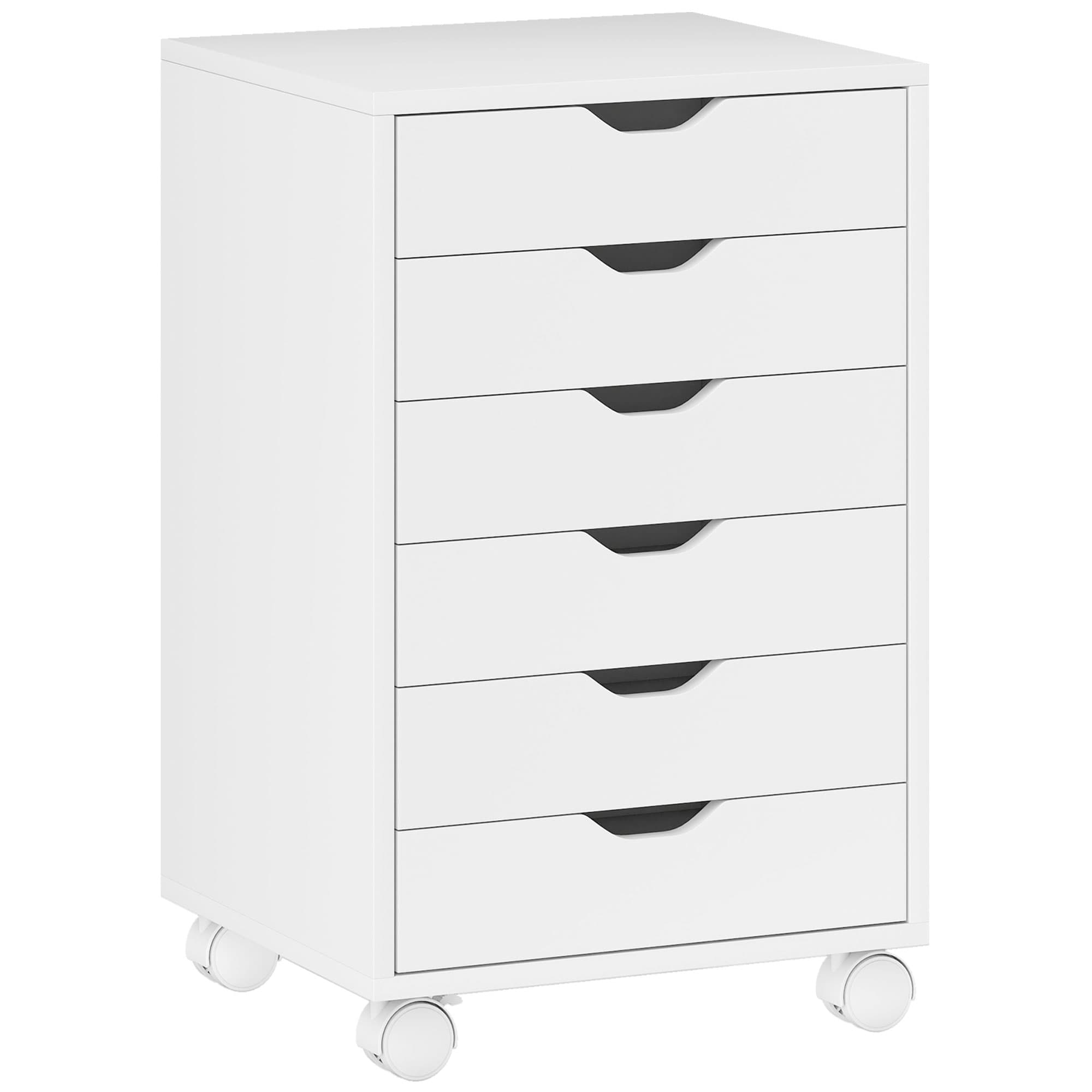 HOMCOM Caisson de Bureau Mobile avec 6 Tiroirs Silencieux, Caisson de Rangement sur Roulettes, 40 x 35 x 63 cm, Blanc