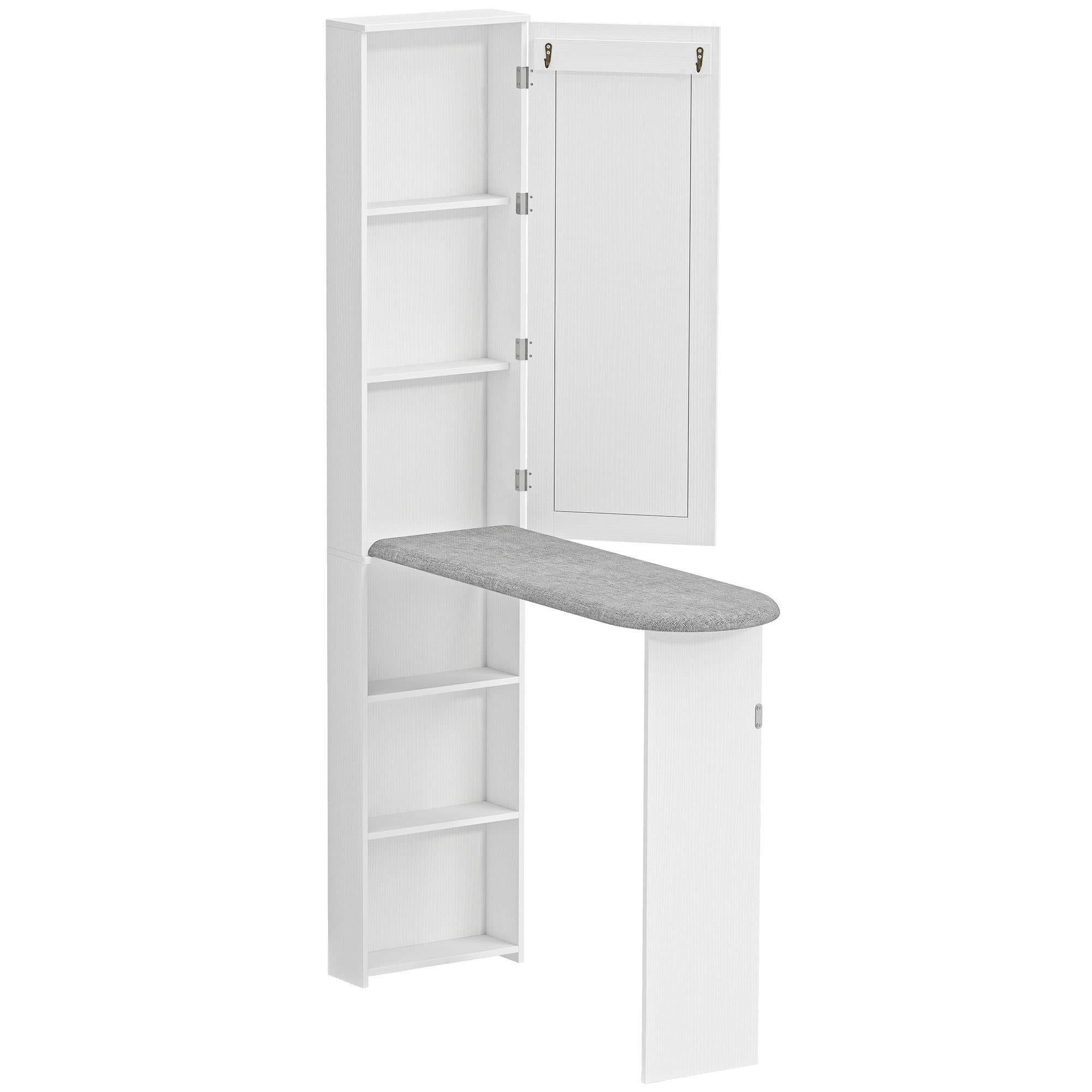 HOMCOM Armoire de Planche à Repasser Pliable avec Miroir, Armoire de Rangement avec 6 Compartiments, 2 Crochets, Blanc