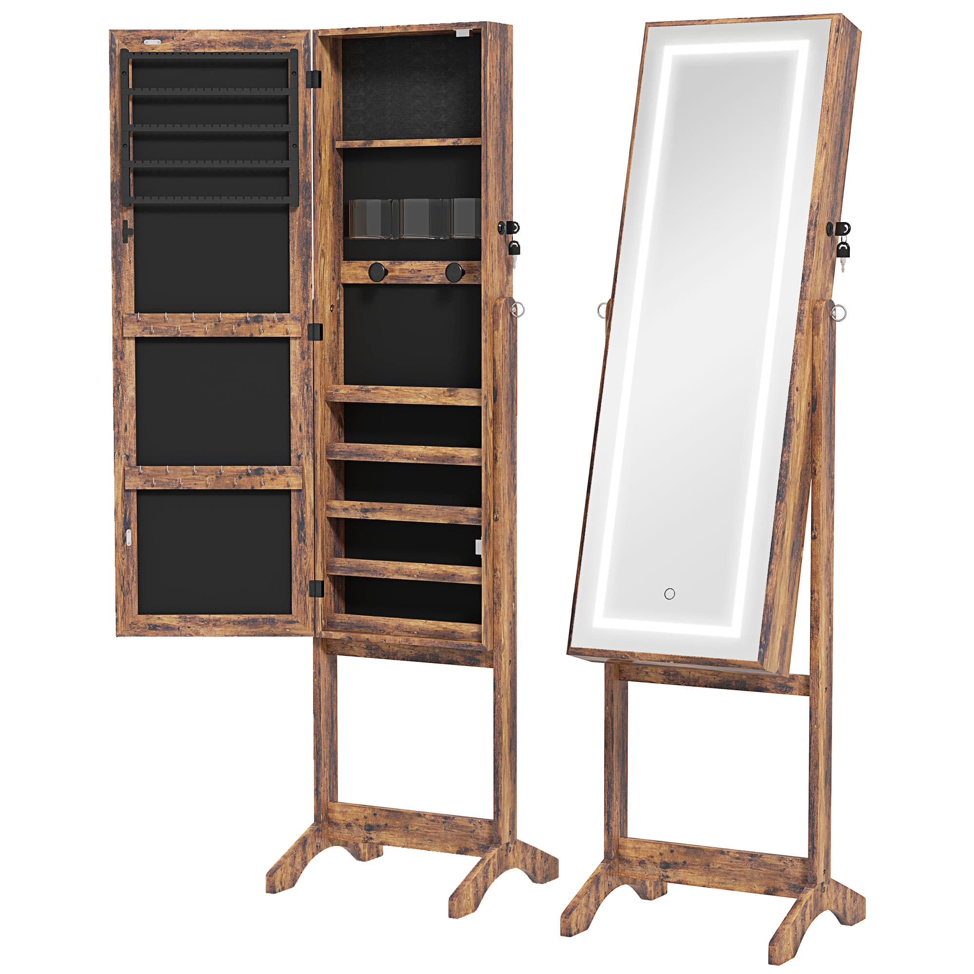 HOMCOM Armoire à bijoux LED avec miroir sur pied range bijoux avec éclairage à écran tactile marron