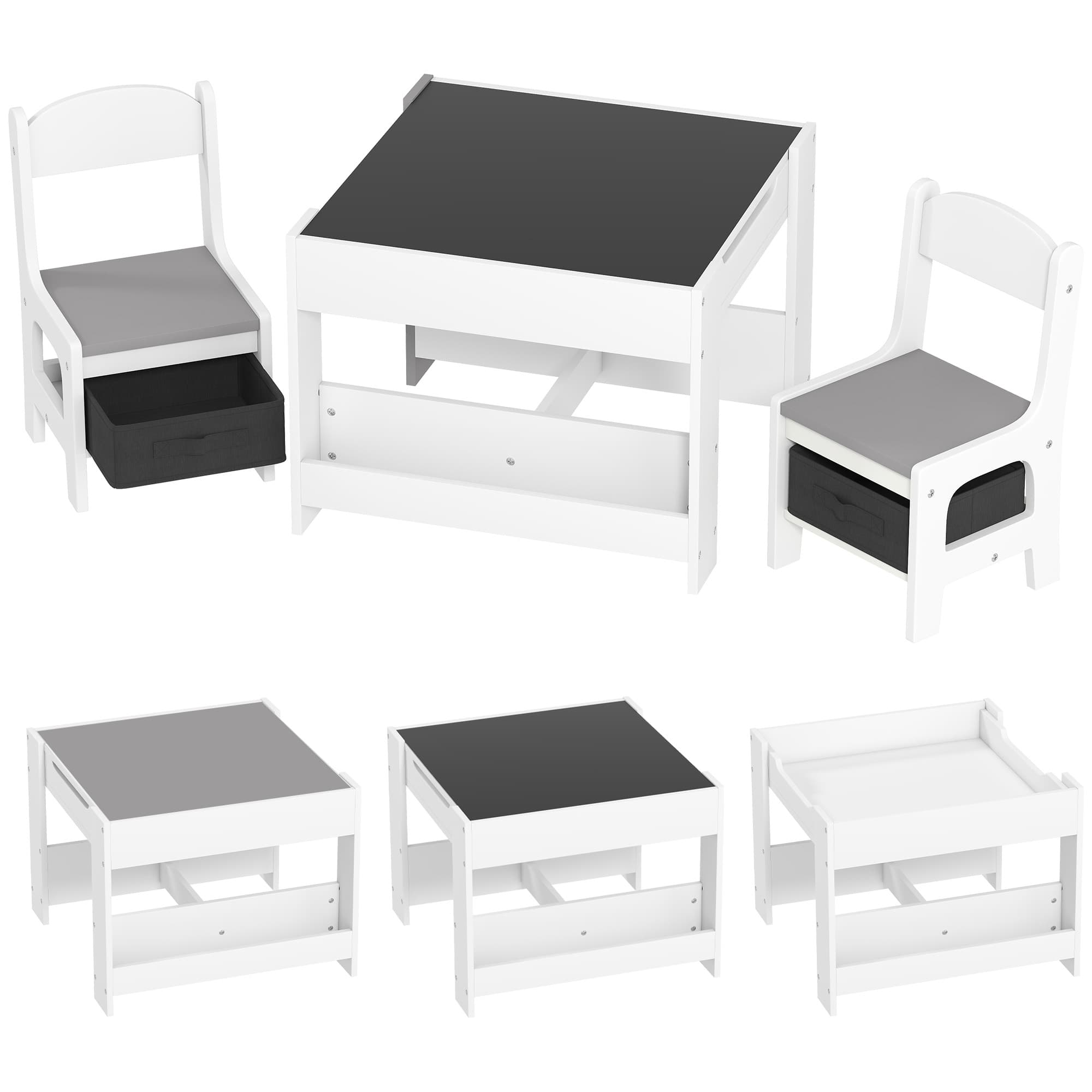 HOMCOM Ensemble 3 pièces table et 2 chaises pour enfant avec plateau réversible tableau noir, panier de rangement, étagères