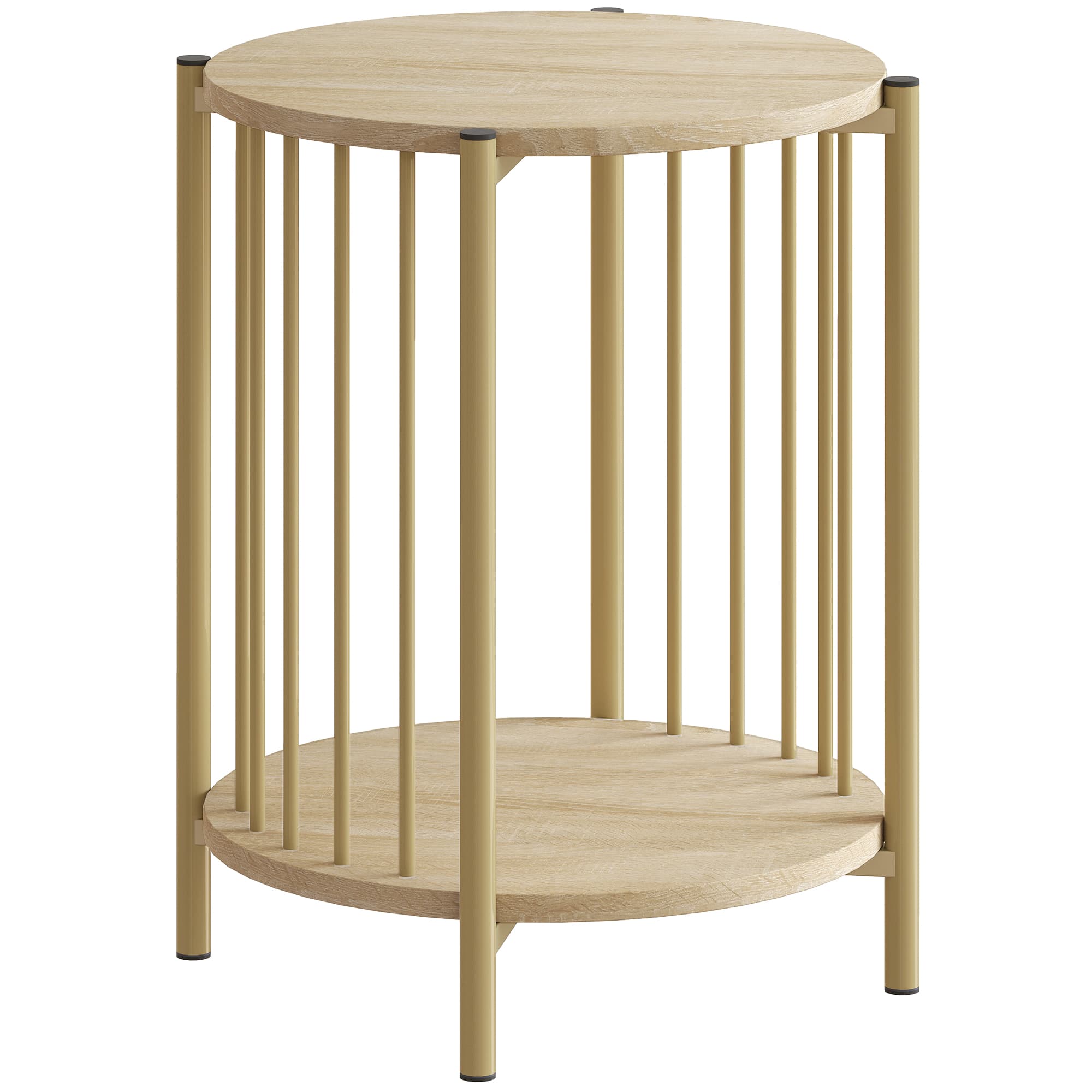 HOMCOM Table d'appoint, bout de canapé à 2 niveaux avec étagère de rangement et cadre en acier, Ø 41 x 49 cm effet bois naturel