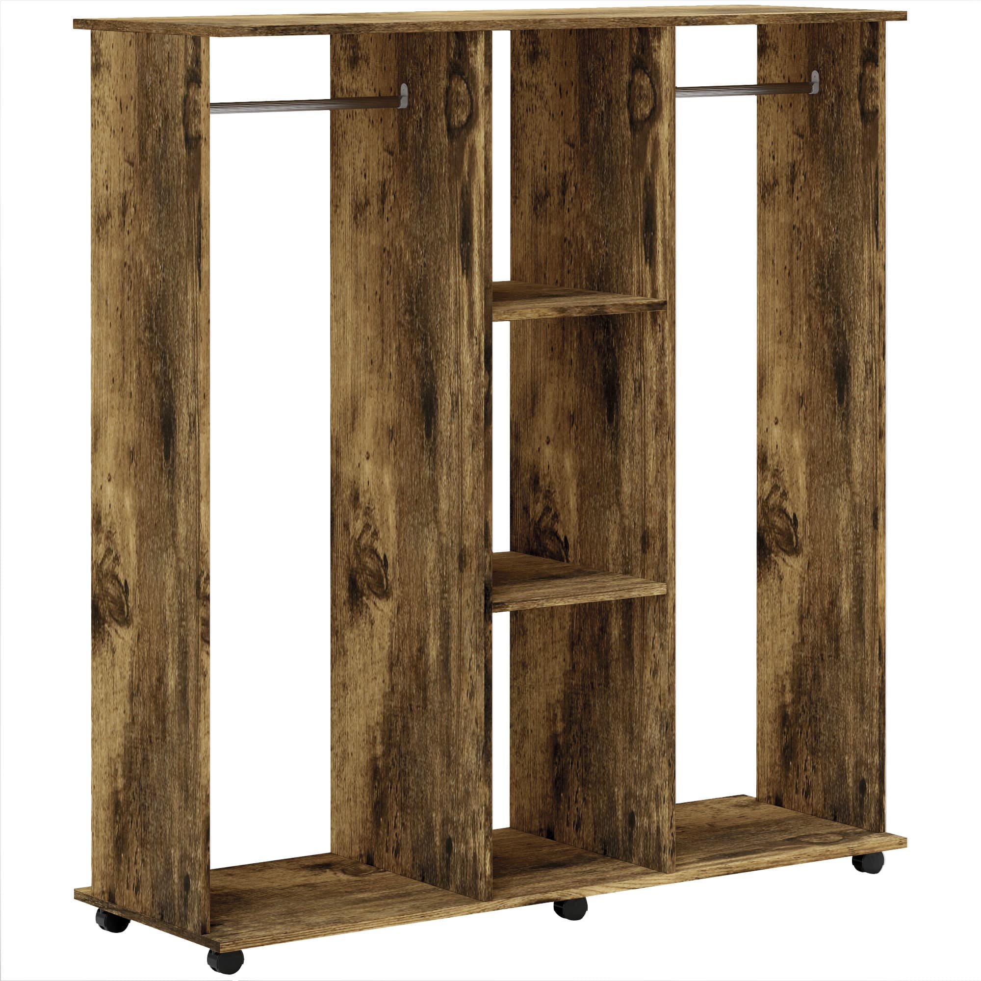 HOMCOM Armoire penderie meuble de rangement mobile 6 roulettes 120 x 40 x 128 cm en bois marron