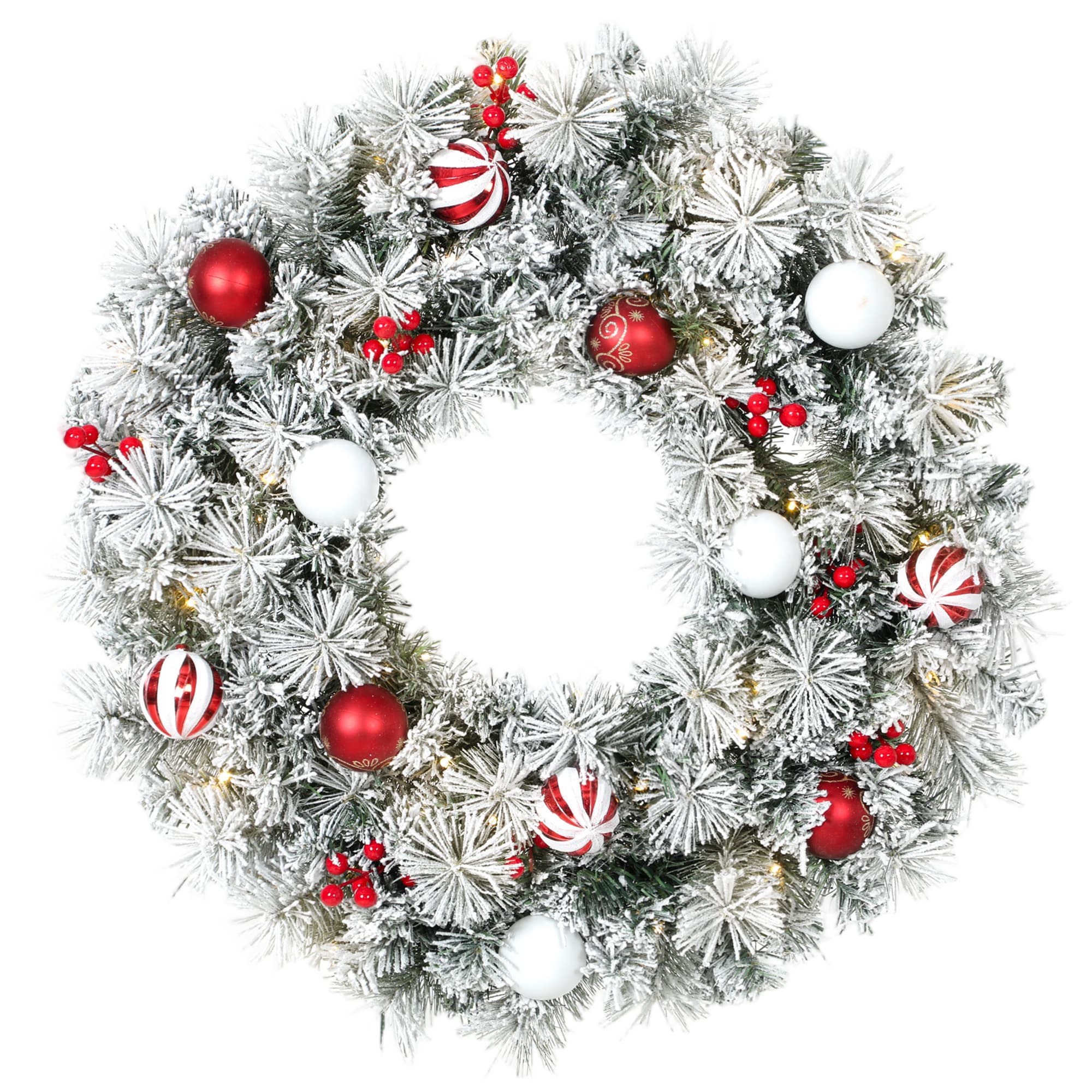 HOMCOM Couronne de Noël Lumineuse 60 cm Enneigée Floquée avec 50 LED, 15 Boules Décoratives, 140 Branches, 8 Modes, Vert