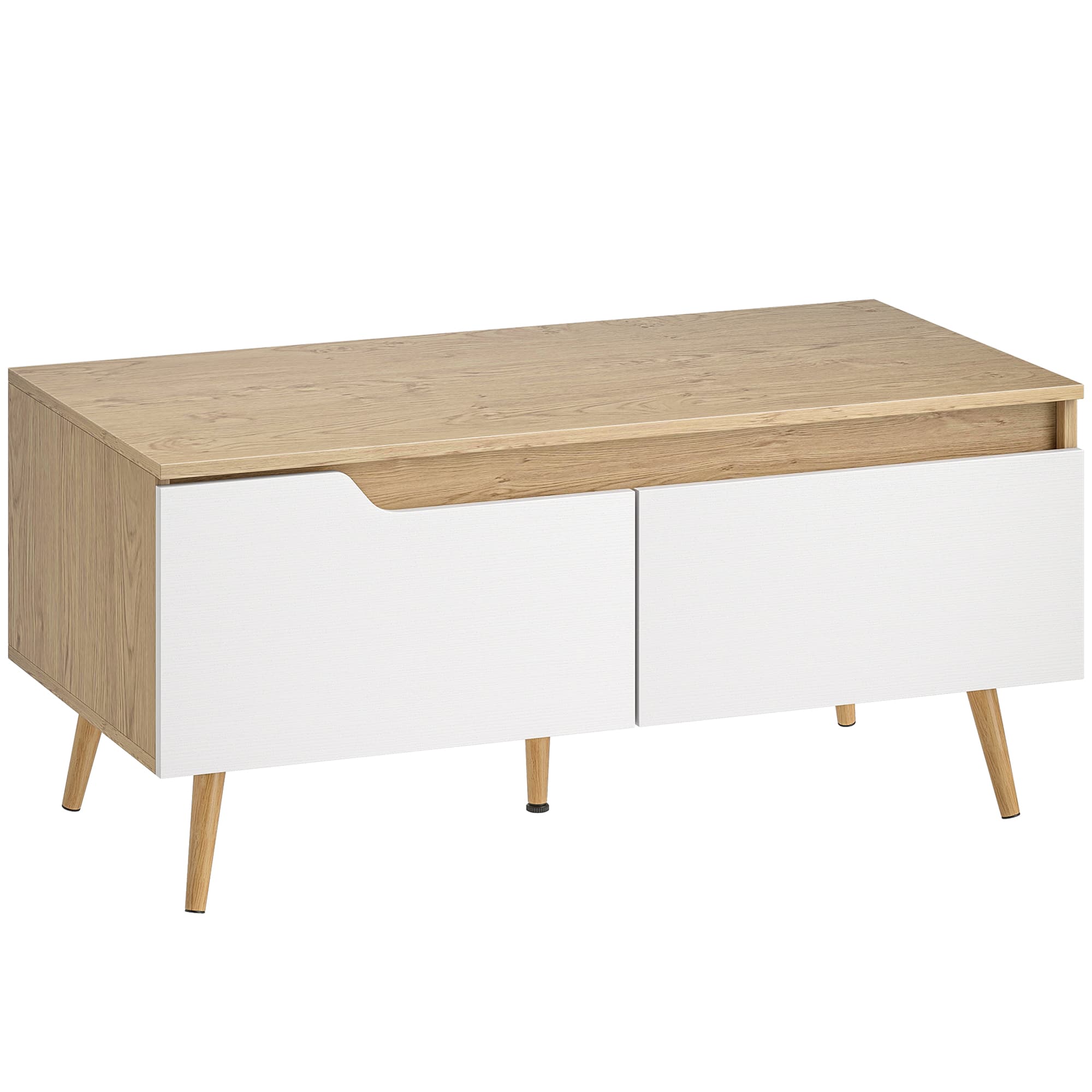 HOMCOM Table basse rectangulaire, table de salon moderne avec 2 tiroirs, 5 pieds en bois de pin, 100x50x46cm, chêne et blanc
