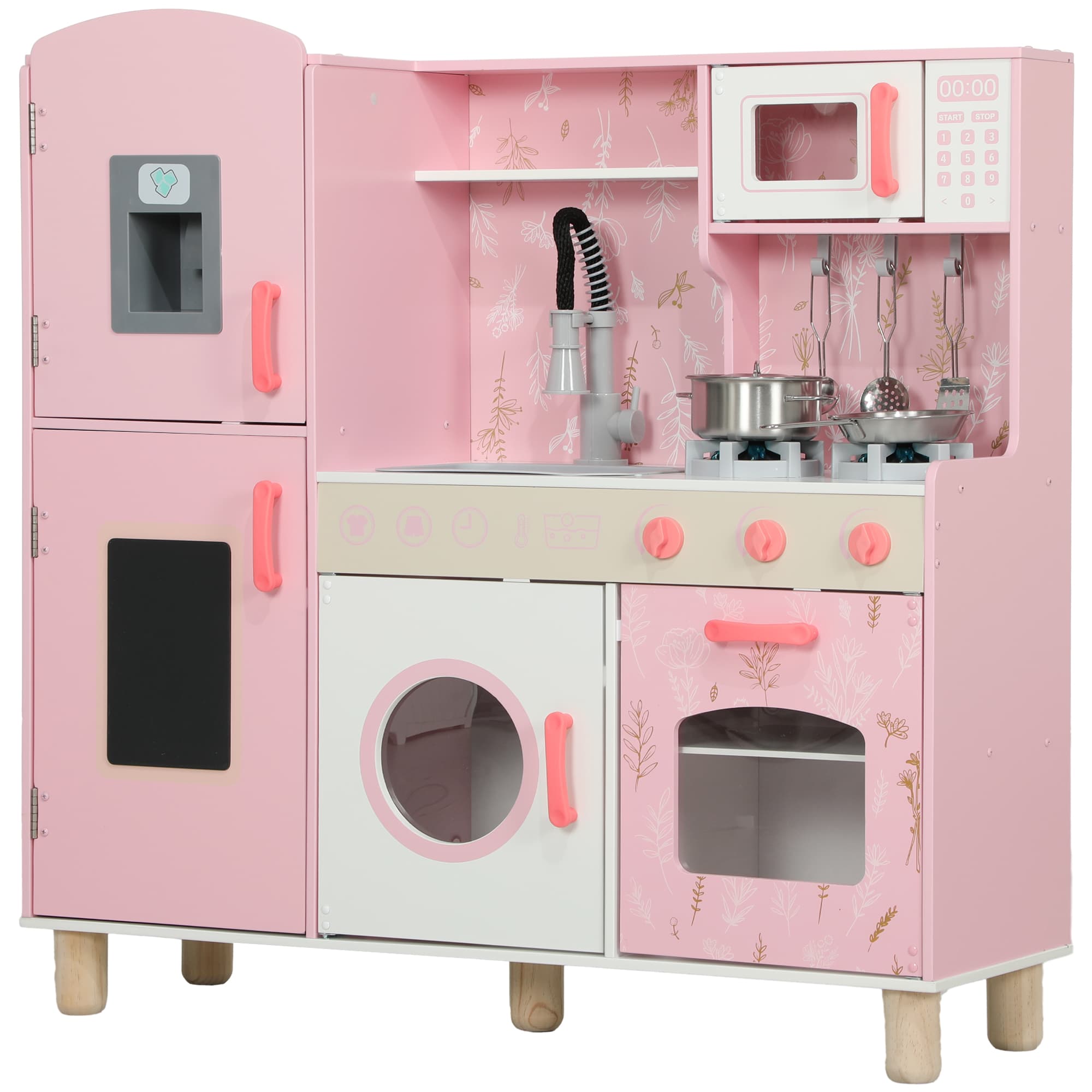 AIYAPLAY Cuisine Enfant avec Glaçons, Micro-ondes, Four, Plaque, Évier, Machine à Laver, Tableau, 90x 33,3x91,6cm, Rose