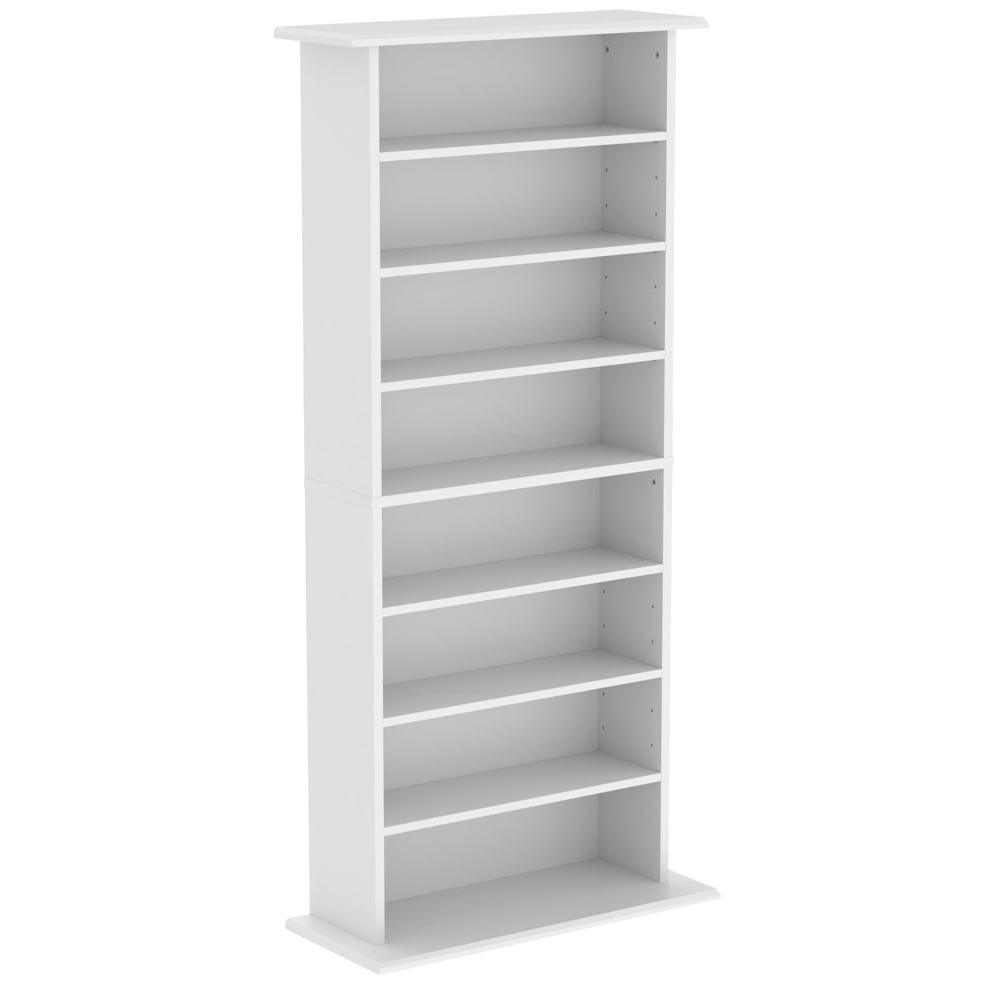 HOMCOM Meuble multimédia étroit, 8 niveaux, 6 étagères réglables, 8 compartiments, pour 360 CD, Blanc