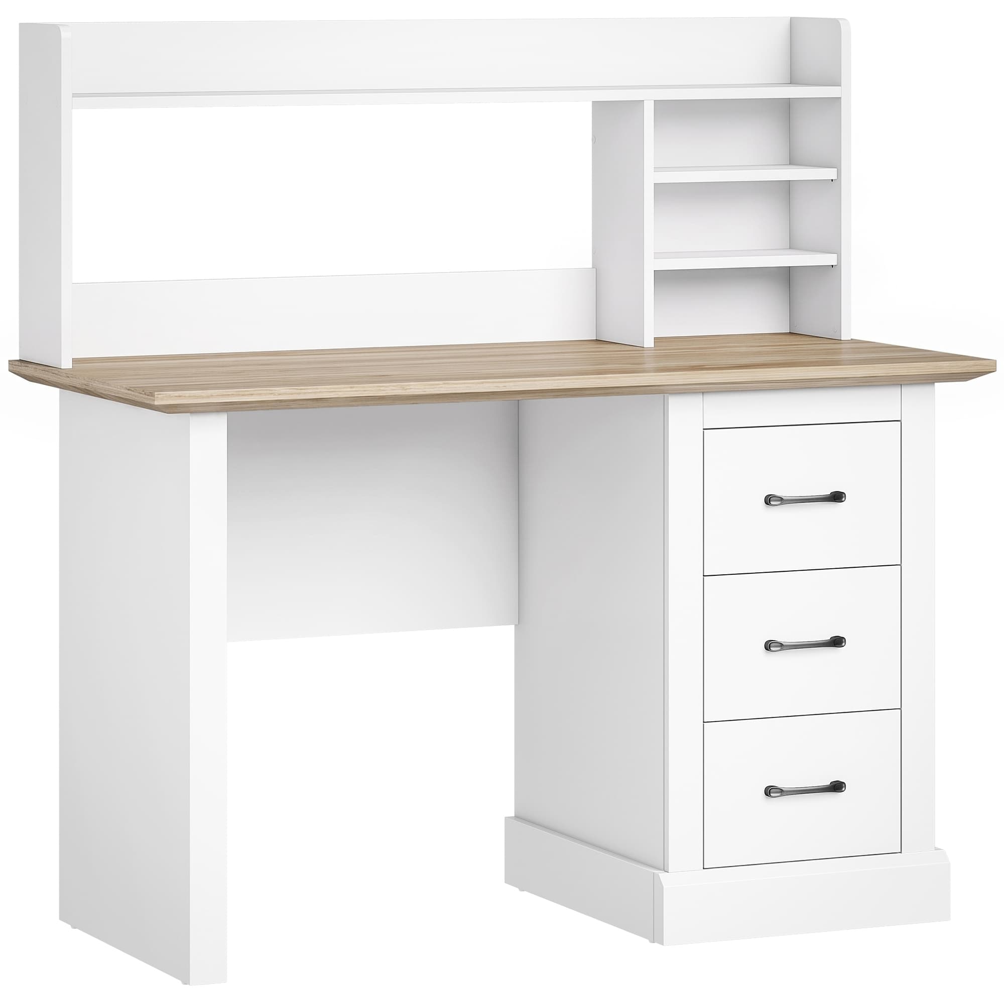 HOMCOM Bureau Informatique avec 3 Tiroirs, 120x55cm, Bureau avec Rangement, Étagères Ouvertes et Large Plateau, Chêne et Blanc