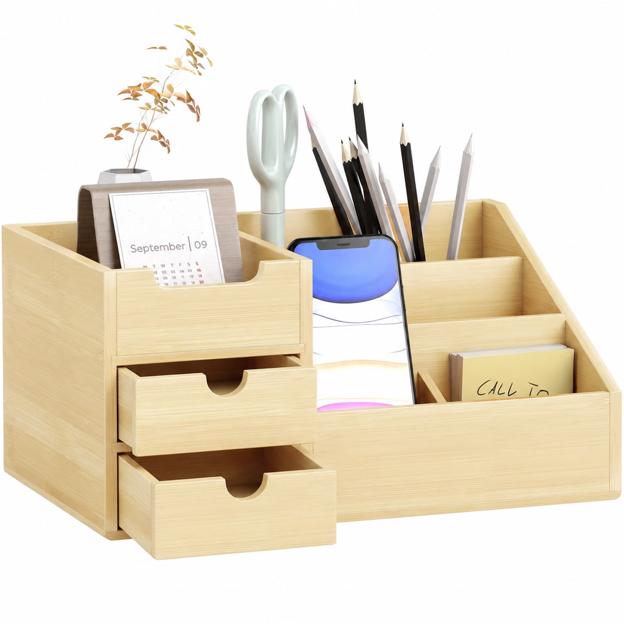 HOMCOM Boite de Rangement de Bureau - Organiseur de Bureau - 7 Compartiments, 2 tiroirs - Bambou Verni