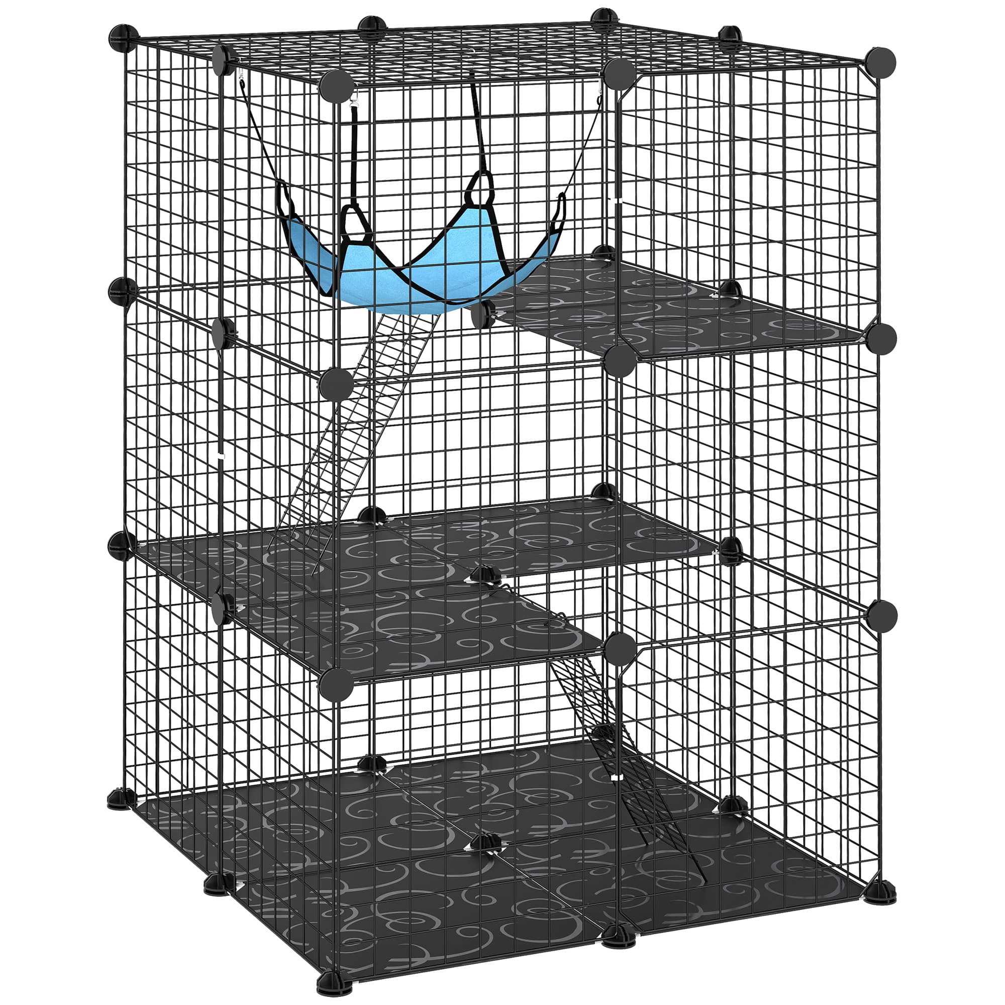 PawHut Cage pour Chat Intérieur 105 cm, Enclos en Acier avec 3 Portes, Design Modulaire Personnalisable pour Chatons, Aire de Jeu à 3 Niveaux avec Échelles, Hamac, Plateforme, Noir