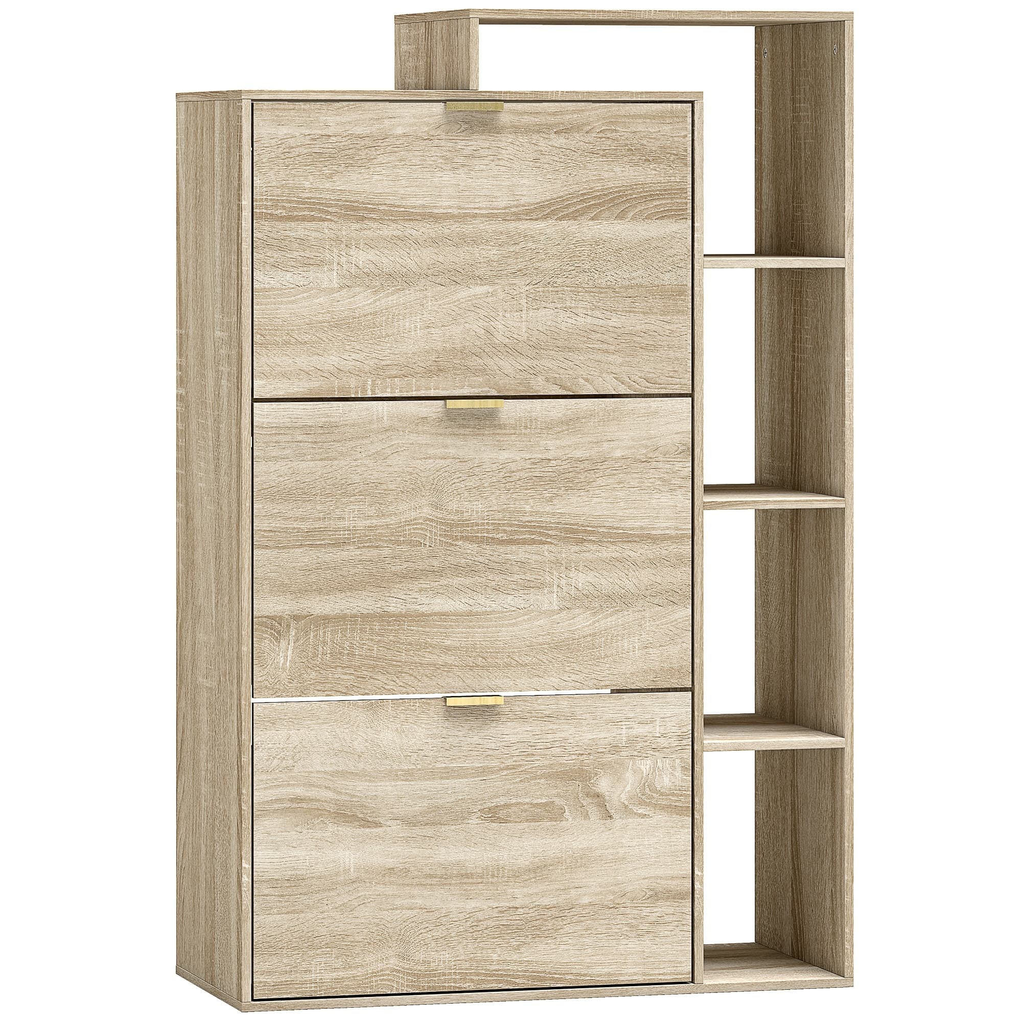 HOMCOM Meuble à chaussures avec séparateurs réglables, compartiments ouverts et 3 compartiments rabattables, bois naturel