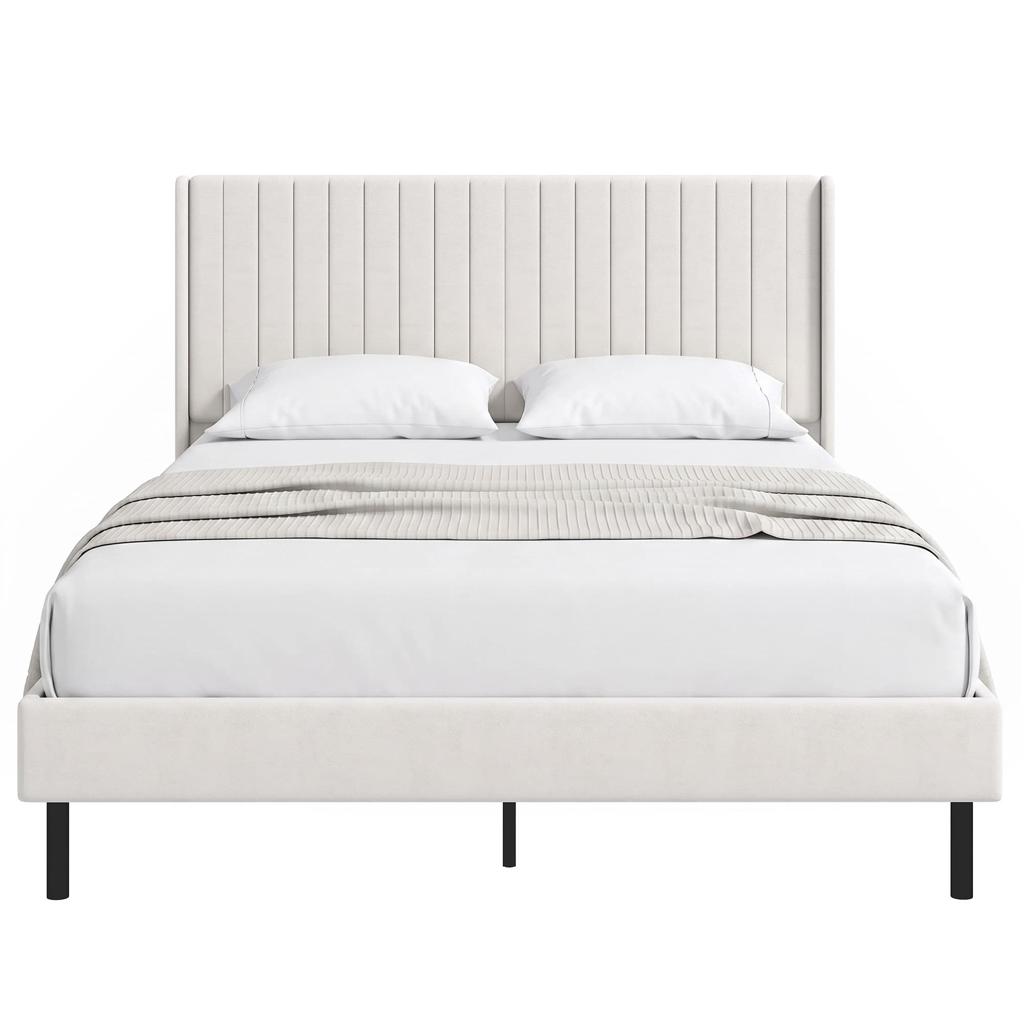 HOMCOM Cadre de lit 140 x 200 cm avec tête de lit réglable, lit rembourré avec 12 lattes, Beige