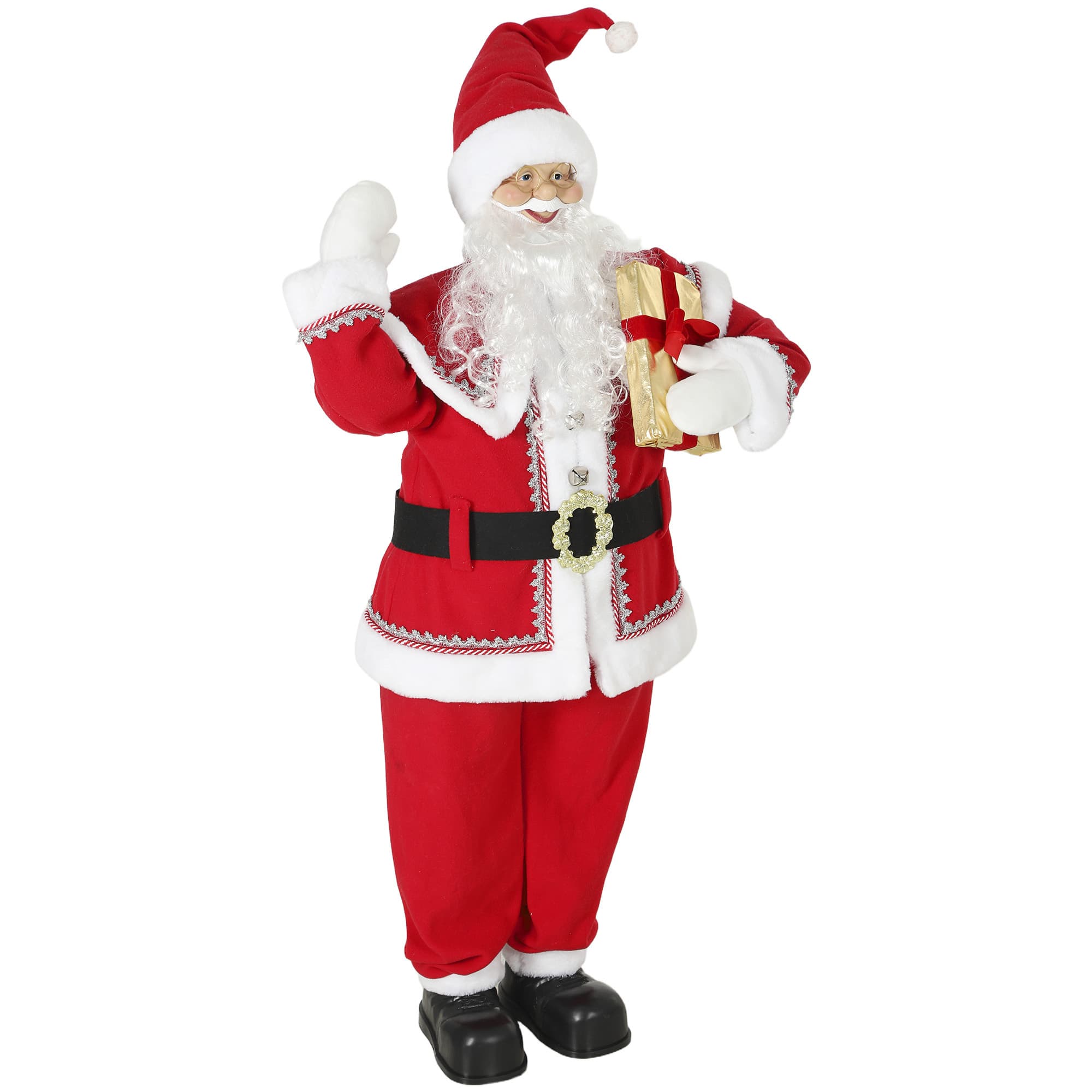 HOMCOM Père Noël chantant grandeur nature 150 cm, figurine musicale animée avec tête tournante, main qui fait signe et cadeau